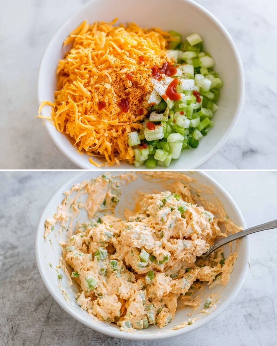 A white bowl sits on a white marbled surface, filled with a colorful mix of ingredients layered without blending. The bottom layer includes chopped green onions and small light green celery pieces, fresh and crunchy. On top of these, a large amount of shredded bright orange cheddar cheese forms the next layer, giving a rich texture. There is also a mix of creamy white dressing and a few drops of red sauce scattered over the cheese, with a sprinkle of black pepper on top. Next to this bowl is the same white bowl showing the ingredients fully mixed into a thick creamy pale orange spread with small bits of orange cheese, green onion, and celery visible throughout. A spoon rests in the bowl, lifting some of the textured mixture. Photo taken with an iphone --ar 4:5 --v 7