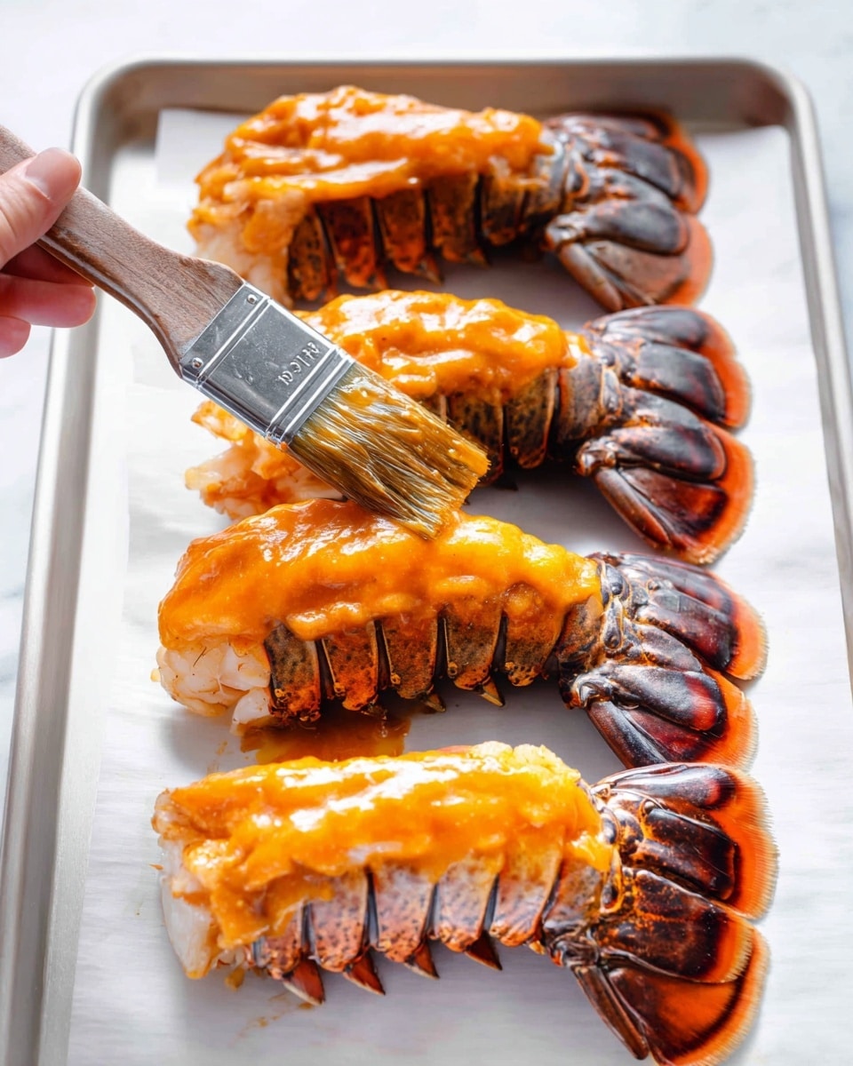 The image shows four lobster tails arranged in a line on a white tray placed on a white marbled surface. Each lobster tail has the shell at the back with dark and light brown bands, while the meat is covered with a thick layer of bright orange sauce. A woman's hand is holding a metal brush, spreading the orange sauce over the closest lobster tail. The background is bright and clean, emphasizing the lobster tails. photo taken with an iphone --ar 4:5 --v 7