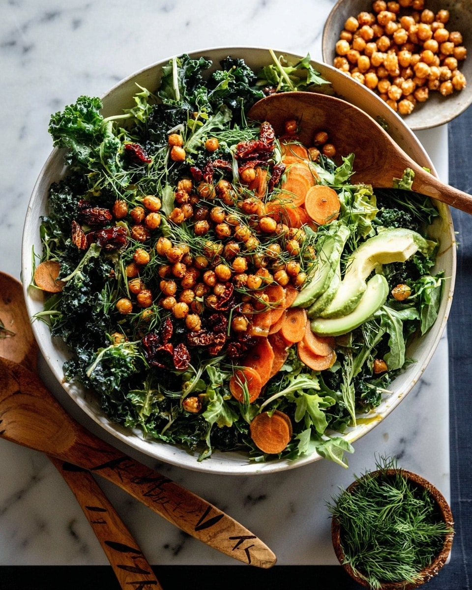A large white bowl filled with a layered salad sits on a white marbled surface. The bottom layer consists of dark green leafy kale, topped with a mix of bright green arugula leaves and fresh dill sprigs scattered all around. Over this, there are thin, round slices of light orange carrots and sun-dried tomatoes in deep red. A generous layer of golden-brown roasted chickpeas is spread evenly on top. There are also thin slices of pale green avocado nestled near the edge of the bowl. Two wooden salad spoons, one partially visible, rest inside the bowl, showing carved arrow designs. A small bowl of extra chickpeas and fresh dill leaves are nearby. photo taken with an iphone --ar 4:5 --v 7
