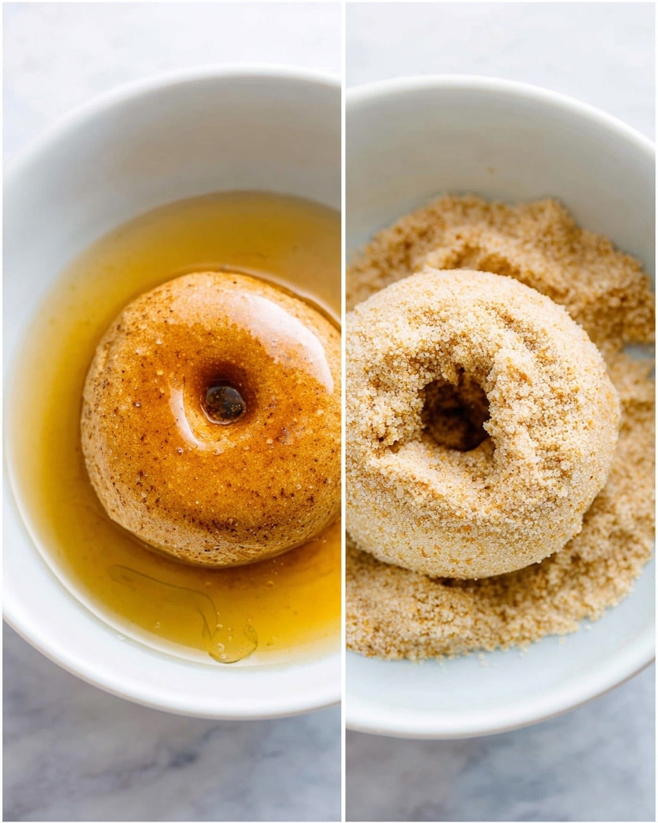 The image shows two stages of a small donut in a white bowl. On the left side, the donut is soaked in a golden syrup that pools around its base, making the donut's surface shiny and moist with a soft texture and light brown color. On the right side, the donut is dry and covered with a layer of light brown and white granular sugar mixture, sitting in a bed of the same sugar mix inside the white bowl. The donut has a small hole in the center, with an uneven round shape and slightly rough surface. The background is a clean white marbled texture photo taken with an iphone --ar 4:5 --v 7