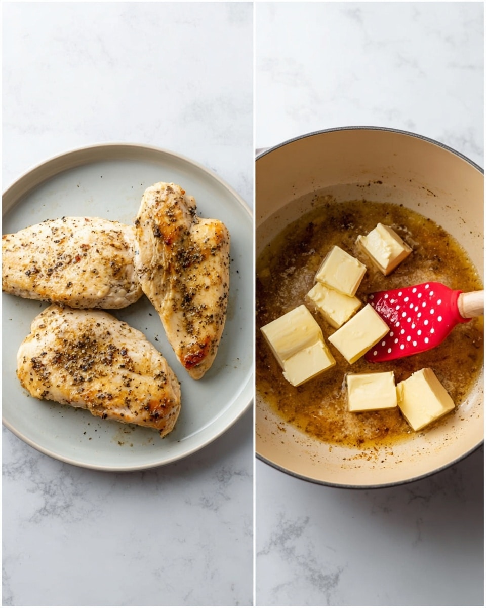 The image shows two scenes side by side on a white marbled surface. On the left, three cooked chicken pieces sit on a round white plate; the chicken is golden-brown with pepper specks, and the texture looks lightly crisp on the outside. On the right, inside a round beige pot, six small cubes of butter melt over a brown, oily base with some browned bits visible. A red spatula with white polka dots is positioned in the pot, partially touching one butter cube. photo taken with an iphone --ar 4:5 --v 7