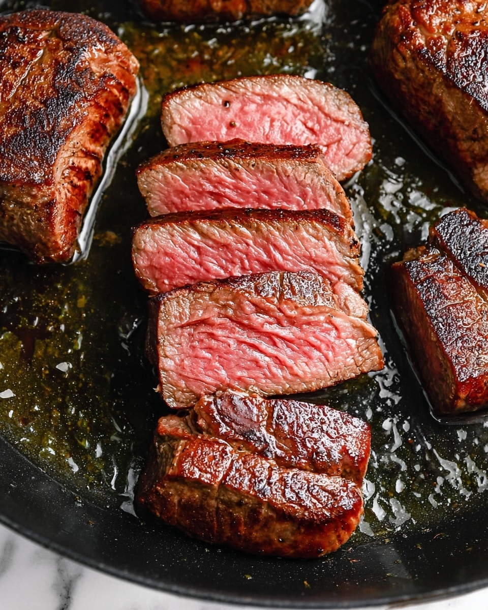 A close-up view of a thick steak cut into six slices arranged in the middle of a black pan with a few more pieces around it. Each slice shows a dark brown, seared outer layer with light pink inside, showing the meat is cooked medium rare. The meat has a slightly shiny and juicy surface with some charred spots and visible texture. The black pan has droplet-like pools of oil around the meat, adding a glistening effect. The background has a white marbled texture. photo taken with an iphone --ar 4:5 --v 7