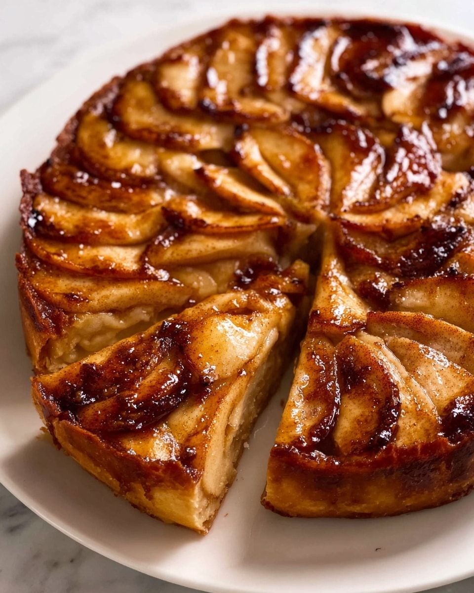 A round apple tart sits on a white plate over a white marbled surface, with one slice slightly pulled out showing the soft, light brown baked inside. The top layer is made of thin apple slices arranged in a circular, slightly overlapping pattern, each piece glazed with a shiny, dark caramelized coating and a hint of cinnamon. The crust is golden brown and firm, holding the apples tightly. The texture of the apples looks tender with browned edges, giving a warm and crisp appearance. Photo taken with an iphone --ar 4:5 --v 7