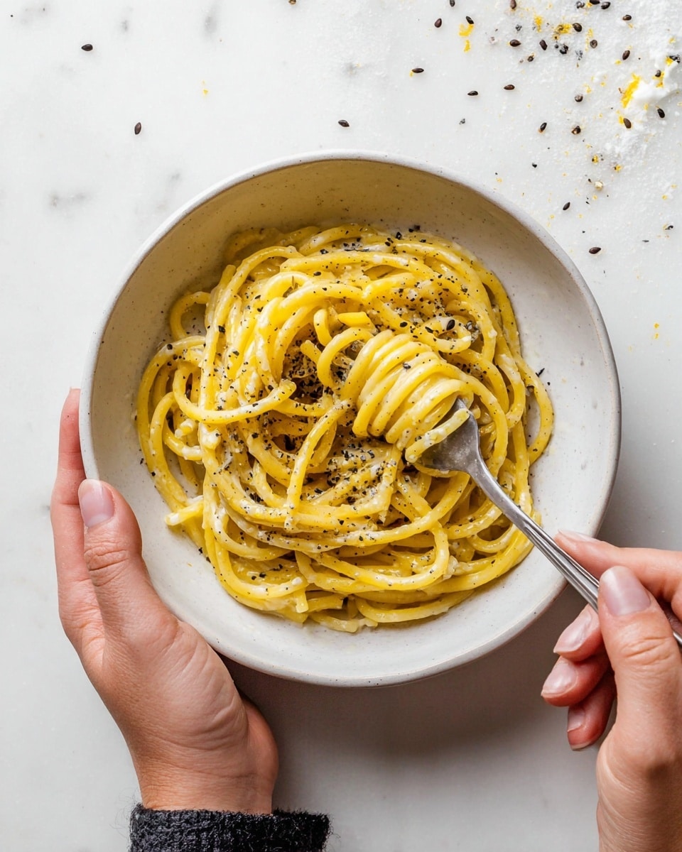 A white bowl filled with thick yellow pasta strands twisted together, coated lightly with a creamy sauce and sprinkled with black pepper and small seeds. A woman's hand holds the bowl steady while another woman's hand uses a fork and spoon to lift a small twirl of the pasta. The background shows a white marbled surface with some scattered crumbs and seeds. The overall look is simple and fresh. photo taken with an iphone --ar 4:5 --v 7