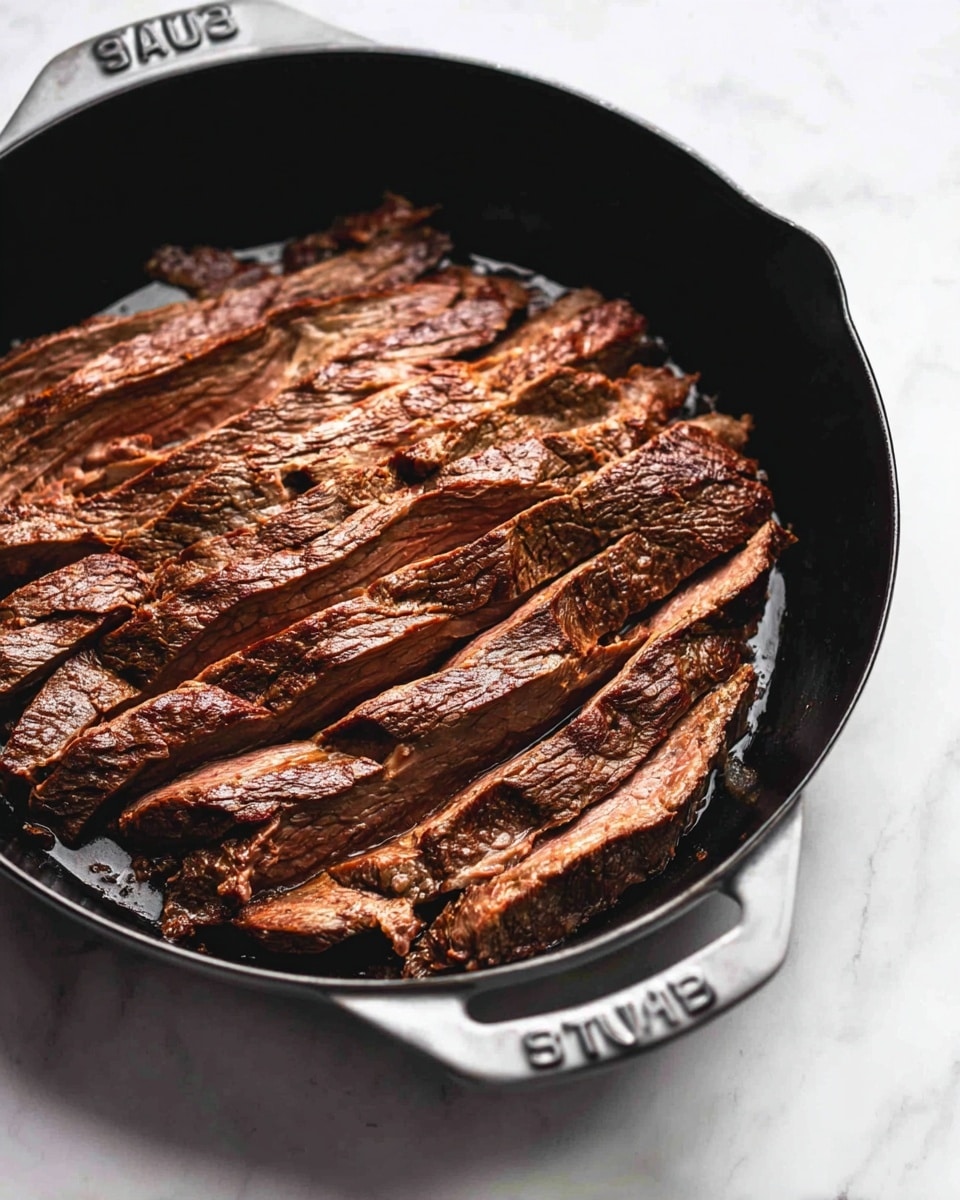 A black pan sitting on a white marbled surface holds a layer of sliced cooked beef inside. The beef is cut into thick strips, fanned out in rows that cover the pan, showing a rich brown texture with some darker, slightly crisped edges. The meat has a juicy appearance with a natural sheen, and the pan handle is partially visible with the brand name STAUB embossed near the bottom. Photo taken with an iphone --ar 4:5 --v 7