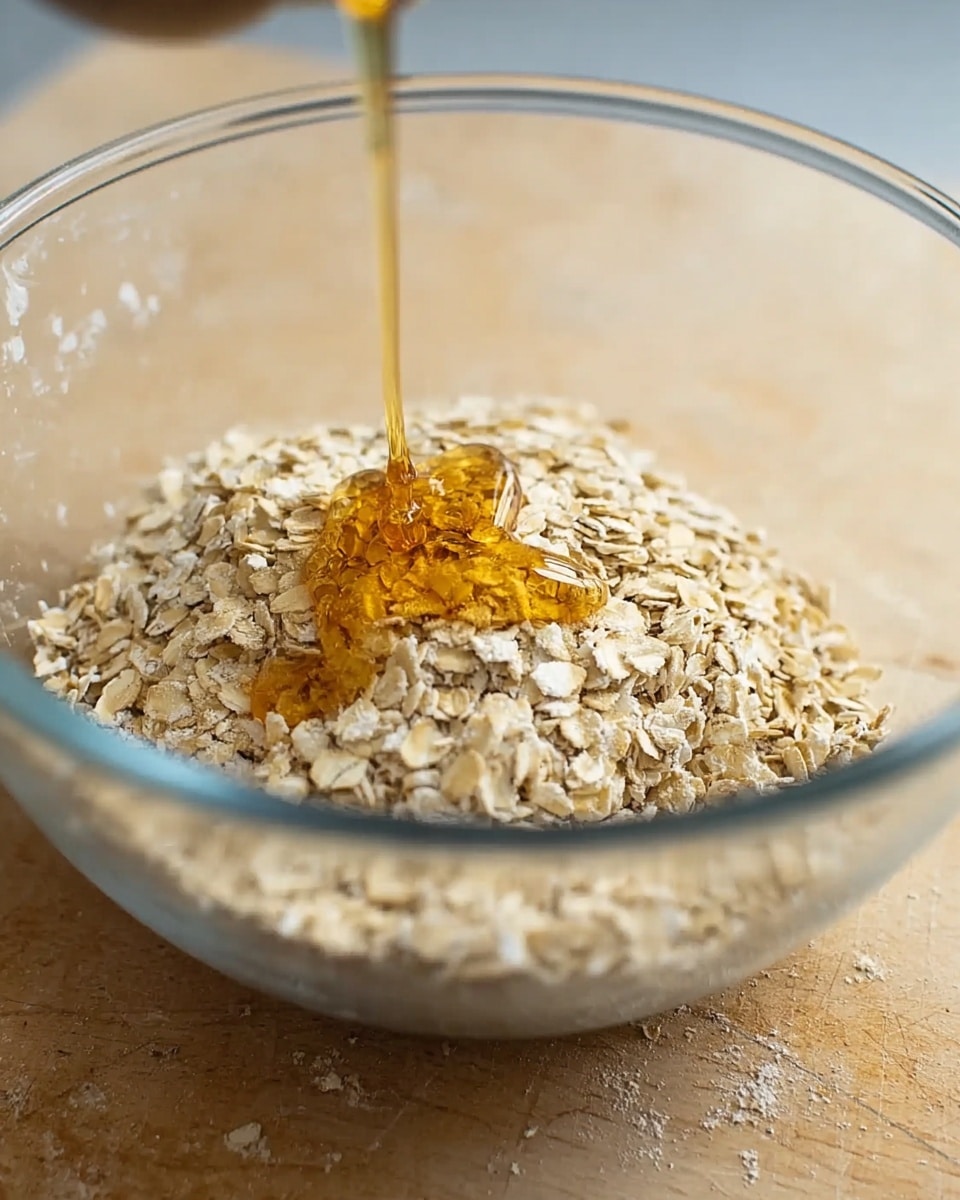 A clear glass bowl sits on a white marbled surface filled with a layer of light beige rolled oats. On top of the oats, a thin stream of golden honey is being poured, adding a shiny texture to the dry oats below. The bowl is partially filled, showing the oats' rough and flaky texture clearly through the glass. The close-up view focuses on the pouring honey and oats inside the bowl photo taken with an iphone --ar 4:5 --v 7