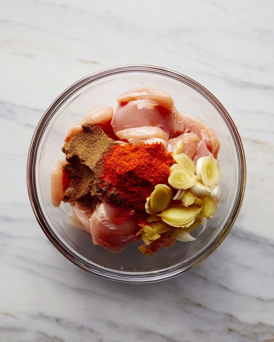 A clear glass bowl sits on a white marbled surface, filled with several raw pieces of light pink chicken meat. On top of the chicken, there is a pile of dark brown powdered spice on the left, a bright orange-red powdered spice in the center, and some pale yellow ginger or garlic slices on the right side. The ingredients are separated but all contained within the bowl. Photo taken with an iphone --ar 4:5 --v 7