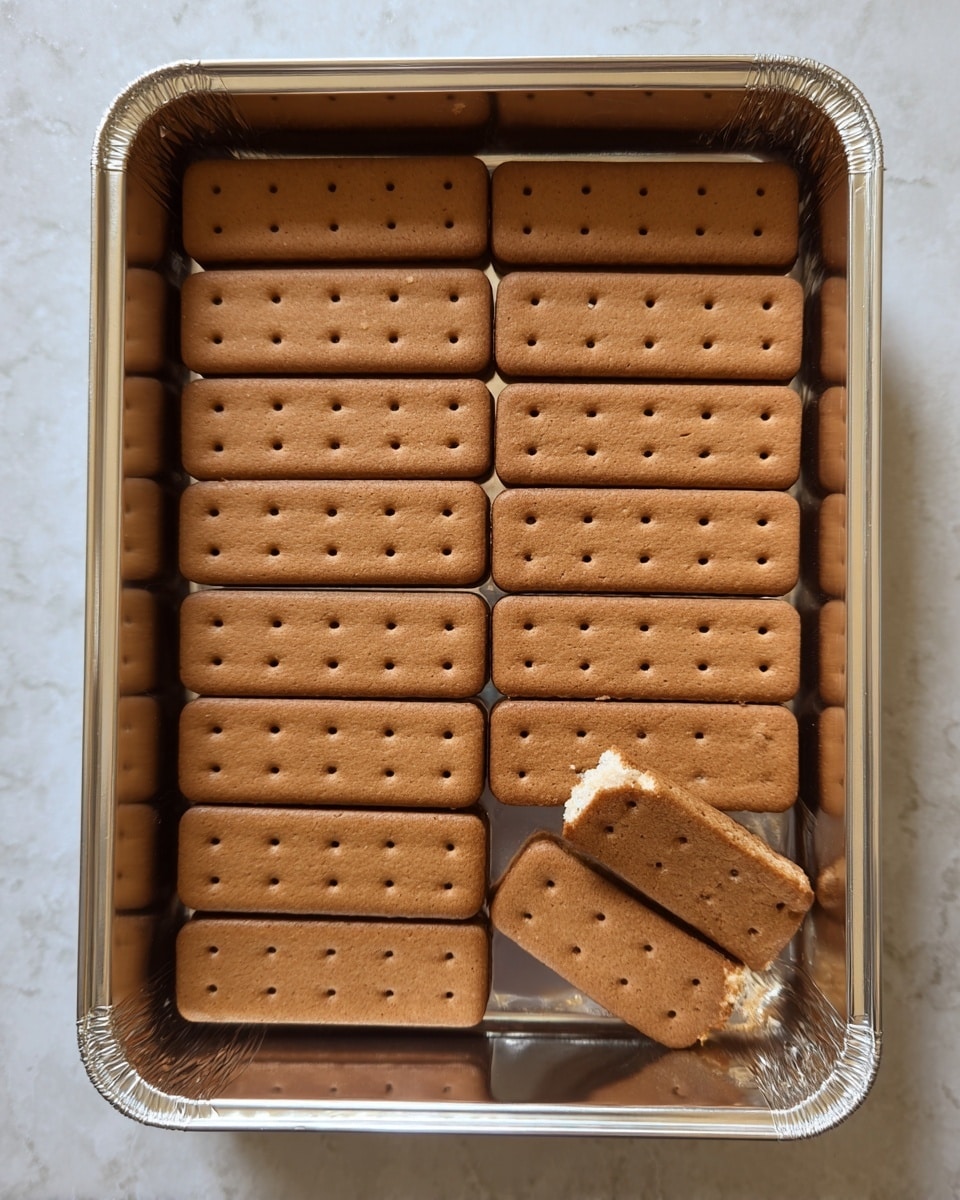The image shows a single layer of rectangular chocolate biscuits neatly arranged in a metal tray with a shiny surface. The biscuits are light brown with evenly spaced small holes on their tops. They are placed in a 3x4 grid, with one biscuit broken into two smaller pieces at the bottom right corner. The tray sits on a white marbled surface. photo taken with an iphone --ar 4:5 --v 7