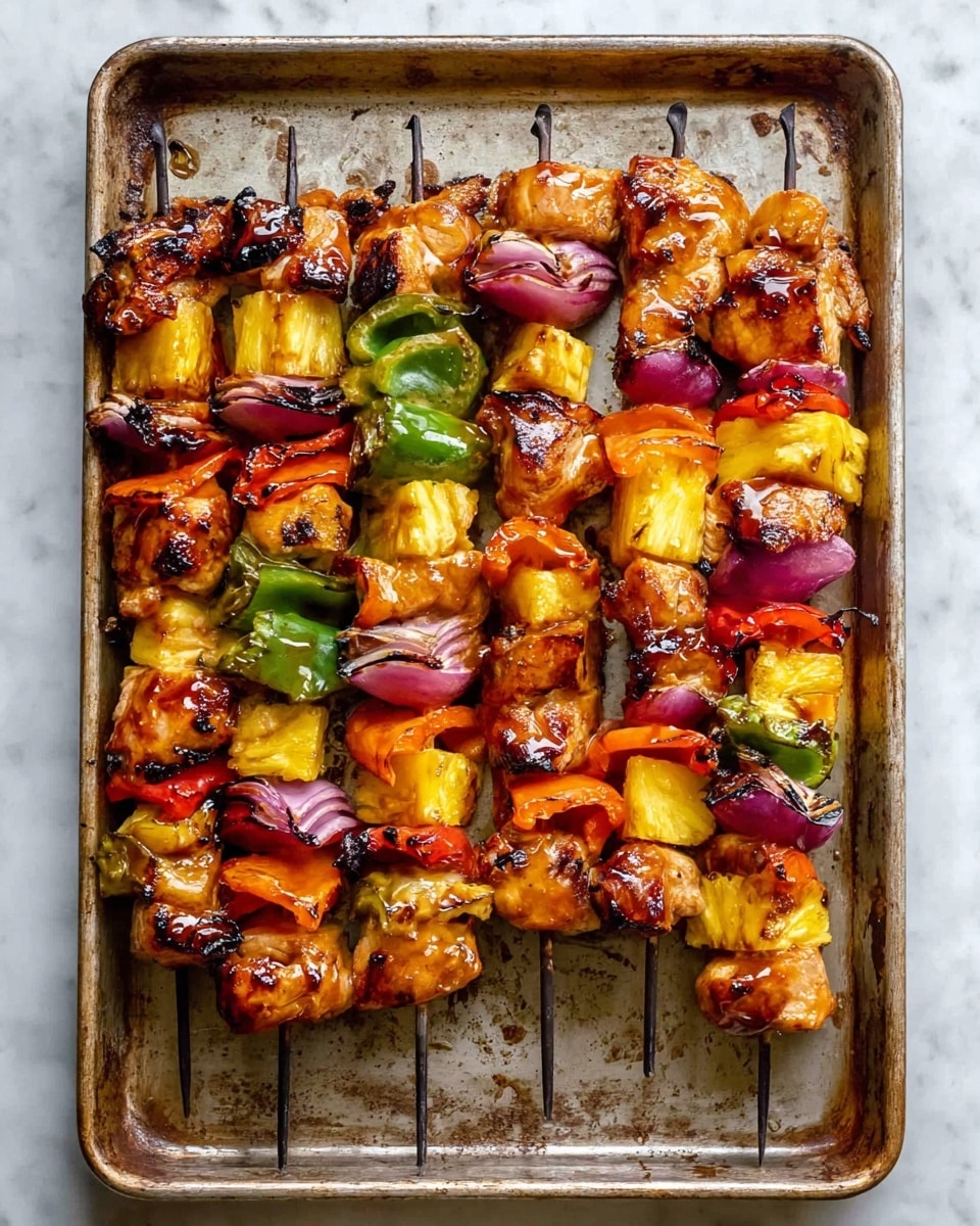 The image shows seven metal skewers filled with grilled chicken pieces, pineapple chunks, and colorful bell peppers in red, green, and orange, along with pieces of purple onion. Each skewer has these ingredients stacked in layers with the grilled chicken and pineapple pieces showing caramelized grill marks and a shiny, glazed surface. The skewers are laid out side by side on a worn metal baking sheet with a slightly browned texture. The overall scene sits on a white marbled surface. photo taken with an iphone --ar 4:5 --v 7