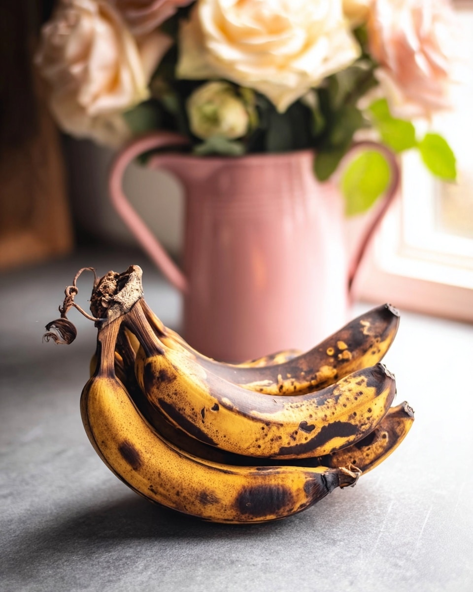 A cluster of very ripe bananas with deep brown spots and large dark patches rests on a smooth grey surface, with their dried stems curling slightly. Behind the bananas, slightly out of focus, is a pink metal pitcher holding a bouquet of pale cream and soft pink roses with green leaves, adding a soft, natural background. The scene is bright with natural light enhancing the warm colors and textures. photo taken with an iphone --ar 4:5 --v 7