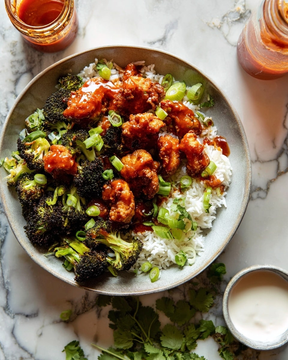 A white speckled bowl holds a dish with three main layers. The bottom layer is fluffy white rice with a soft texture. On top of the rice, there are charred green broccoli pieces scattered around. The top layer is made of crispy, golden-brown fried chicken pieces coated in a shiny reddish-orange sauce, garnished with small slices of green onions. Some white sauce is drizzled lightly on the chicken. The bowl sits on a white marbled surface, with a fork partially visible on the right side and a glass of light-colored liquid in the background. Photo taken with an iphone --ar 4:5 --v 7