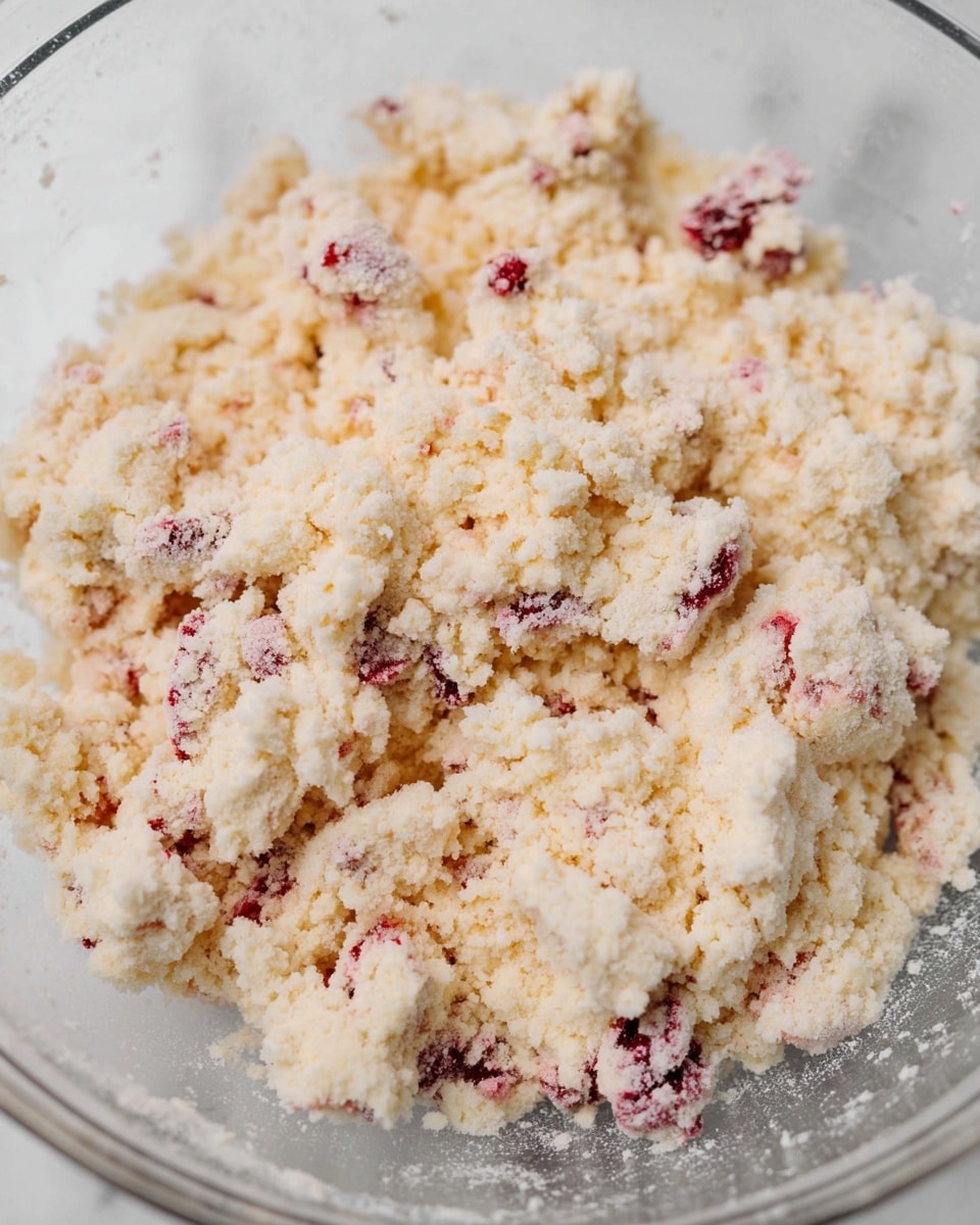 A close-up view of a clear glass bowl filled with a crumbly mixture. The mixture includes pale, creamy clumps dusted lightly with flour and small pieces of red berries scattered throughout. The texture looks rough and chunky, with uneven clumps and a powdery coating, all captured on a white marbled surface. Photo taken with an iphone --ar 4:5 --v 7