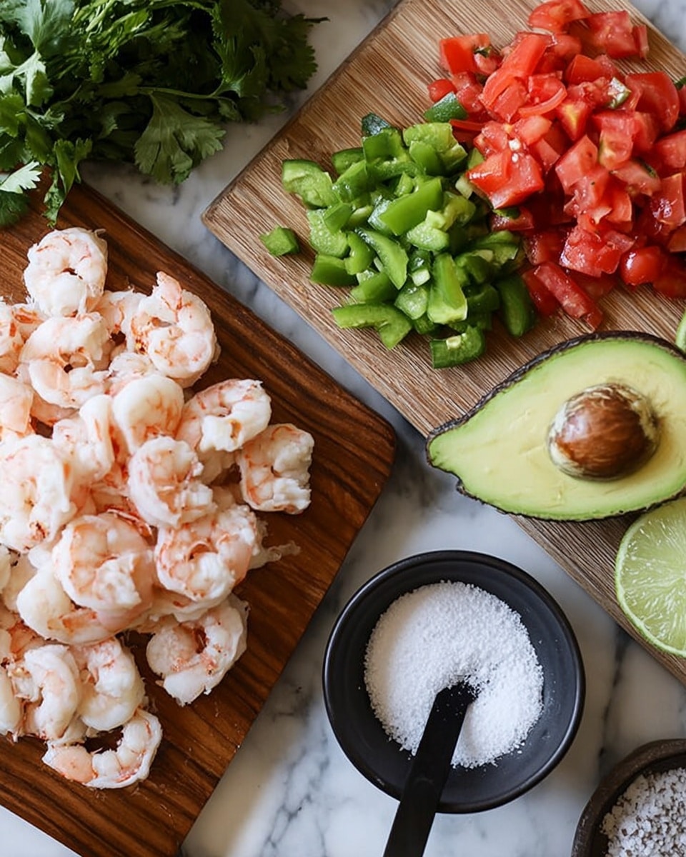 The image shows a wooden board with a large pile of cooked shrimp, a sliced avocado with a brown seed in one half, and diced red tomatoes. Next to the board, there is a white marbled surface holding a wooden cutting board with chopped green peppers and a small black bowl filled with white salt and a black spoon resting inside. Some green leafy herbs are partially seen on the top left corner. Photo taken with an iphone --ar 4:5 --v 7