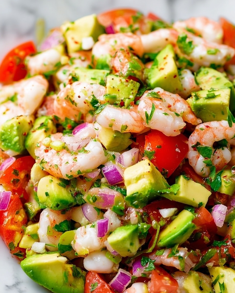 The image shows a colorful shrimp salad with no clear layers, featuring plump, pink and white shrimp pieces mixed evenly with green diced avocado, bright red tomato chunks, finely chopped purple onion, and small green chili or bell pepper bits. The salad is speckled with chopped fresh herbs like cilantro and tiny black pepper flakes. The textures are fresh and juicy, with creamy avocado, firm shrimp, and crisp vegetables all combined closely together. The background is a white marbled surface. photo taken with an iphone --ar 4:5 --v 7
