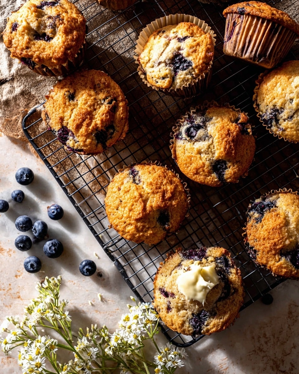 A close-up of a baking tray lined with a black wire cooling rack holding about ten golden-brown blueberry muffins in rustic paper liners. The muffins show uneven tops with bits of dark purple blueberries bursting through the light, fluffy texture. One muffin near the center has a small dollop of melting butter on top. Around the tray at the bottom left, there are a few fresh blueberries and small white flowers with green stems adding a natural touch. The surface beneath is a white marbled texture softly lit by warm, natural light. photo taken with an iphone --ar 4:5 --v 7