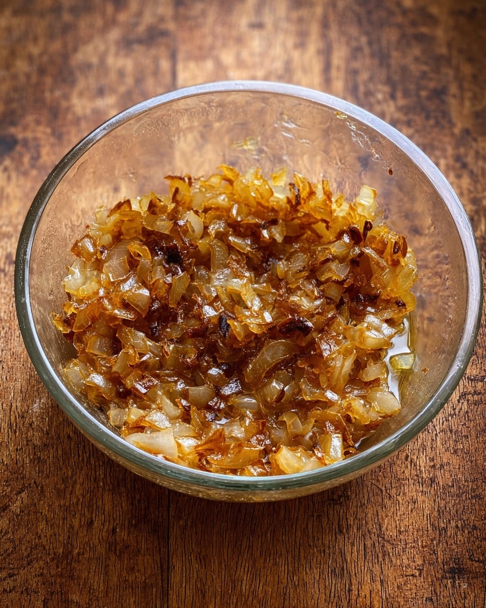 A clear glass bowl filled with small, golden brown caramelized onions. The onions are soft and shiny with some darker browned edges, sitting in a thin layer of oil. The bowl sits on a textured wooden surface. photo taken with an iphone --ar 4:5 --v 7
