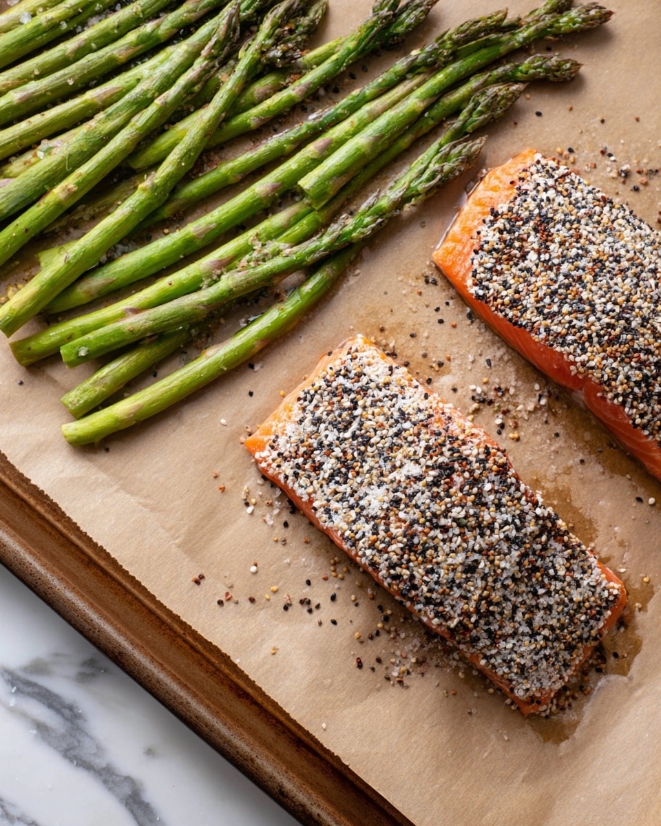 The image shows two pieces of raw salmon fillets covered with a mix of white and black sesame seeds, cracked pepper, and coarse salt, giving them a speckled and textured look. To the left of the salmon, there are many fresh green asparagus spears lined up horizontally with some sprinkled black pepper visible on them. All this is placed on light brown parchment paper on a baking tray, set against a white marbled surface. The scene gives a raw and fresh preparation look before cooking. photo taken with an iphone --ar 4:5 --v 7