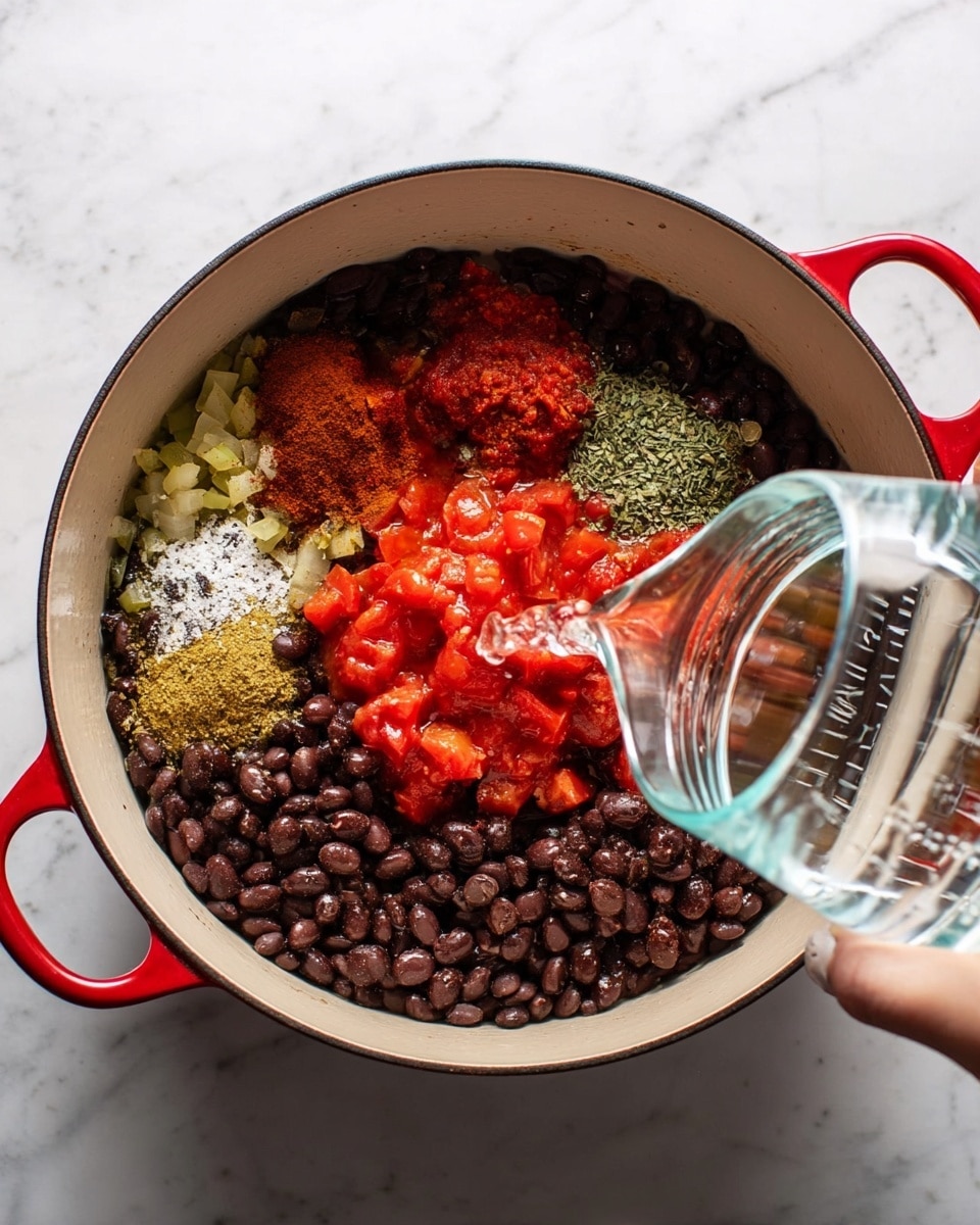 A large white pot with red handles is filled with layers of ingredients arranged separately inside. The bottom layer is black beans, covering most of the pot. On top of this, in separate sections, there are chopped red tomatoes mixed with green peppers, bright red tomato paste, brown and reddish spices, a sprinkle of white salt, and some pale green dried herbs. A woman's hand is seen pouring clear water from a glass measuring cup into the pot. The pot is placed on a white marbled surface. photo taken with an iphone --ar 4:5 --v 7