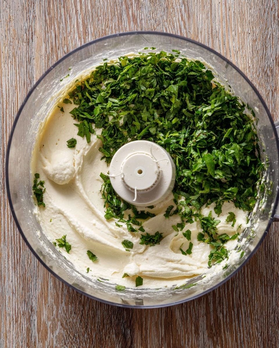 A clear round food processor bowl contains two visible layers: a thick, smooth off-white creamy base covering the whole bottom and sides, with a dense pile of chopped green herbs spread unevenly on top, mostly on one side. In the center is a white plastic blade holder with some small spots of cream on it, surrounded by the creamy base. The bowl sits on a wooden textured surface. Photo taken with an iphone --ar 4:5 --v 7