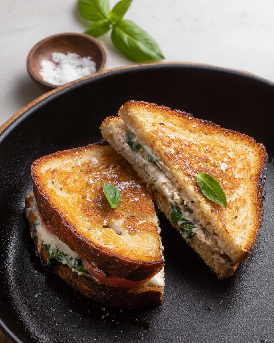 The image shows a sandwich cut in half on a black pan, with two toasted bread slices that are golden brown and crispy. The sandwich layers include creamy white filling with green leaves, likely basil, and some thinly sliced tomato, all visible between the two bread slices. One half of the sandwich is slightly tilted to reveal the filling inside. The top slice on the right half has a few coarse salt flakes and a small basil leaf garnish. The pan surface adds a dark contrast to the warm tones of the sandwich. Behind the pan, there is a small bowl with coarse salt and a basil leaf on a white marbled surface. Photo taken with an iphone --ar 4:5 --v 7