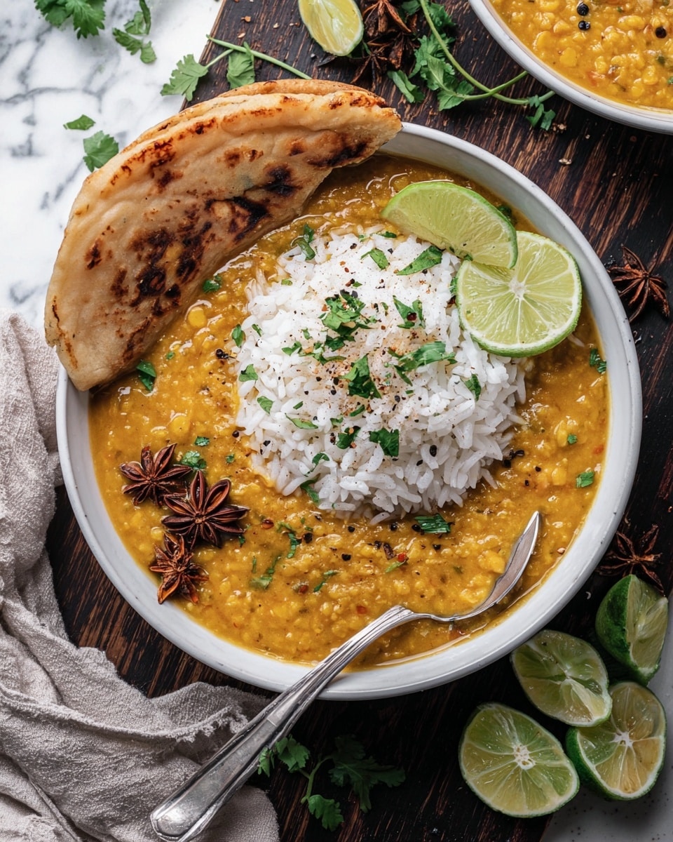 The image shows a white bowl filled with a thick yellow lentil curry layer at the bottom, which has a soft, chunky texture. On top of the curry is a layer of white cooked rice with visible grains, sprinkled with bits of green cilantro and black pepper. Around the edge of the bowl, pieces of soft, lightly charred flatbread are placed, one folded over the rice and curry. Two fresh green lime slices sit on the curry near the bread, and two star anise pods rest on the surface as garnish. The bowl is on a white marbled surface, with a silver spoon partially inside the curry. Photo taken with an iphone --ar 4:5 --v 7