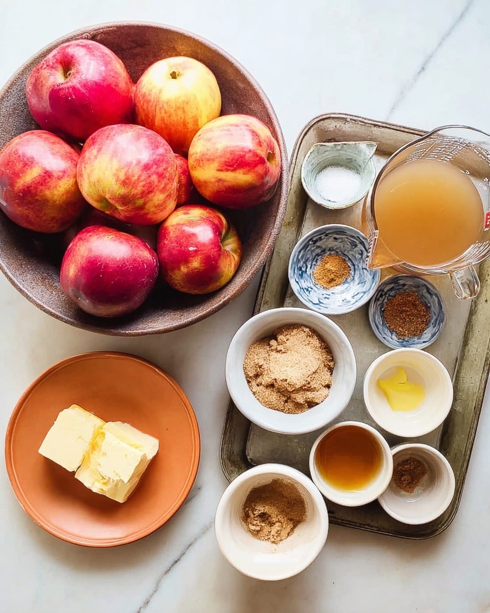 A large brown bowl filled with red and yellow apples sits on a white marbled surface on the left side, next to a glass measuring cup holding a light brown liquid. To the right, a worn metal tray holds small white and light brown bowls with different ingredients: brown sugar, a block of butter on an orange plate, small amounts of spices in other small bowls, and a small dish of honey. The setup shows all the ingredients neatly arranged for cooking, with soft natural light coming from above. Photo taken with an iphone --ar 4:5 --v 7
