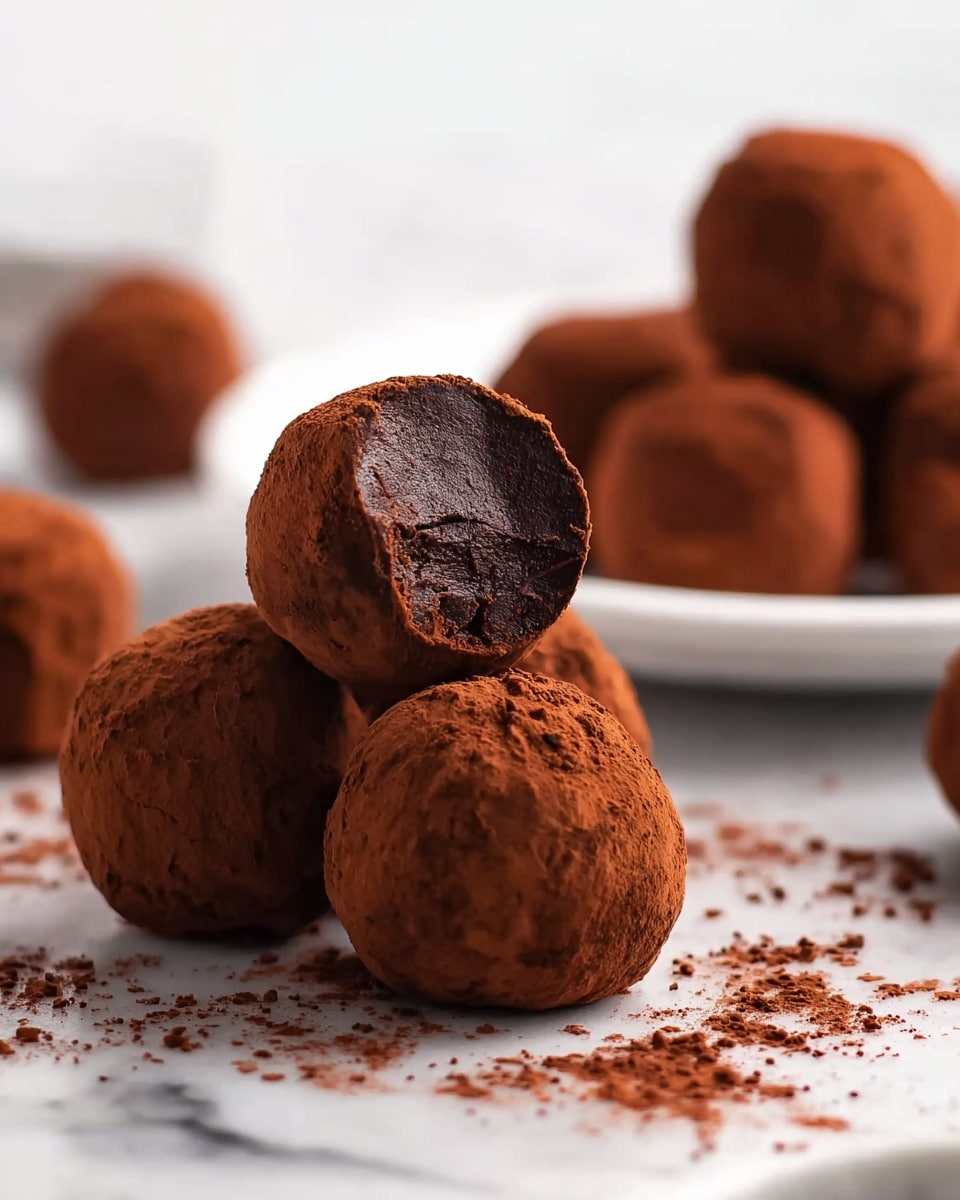 The image shows a group of round chocolate truffles on a white marbled surface. Each truffle is covered in a dark brown cocoa powder. One truffle is stacked on top of two others and has a bite taken out, revealing a smooth, dark chocolate center with a slightly glossy texture. More truffles are scattered in the background, with some placed on a white plate that is partially visible on the right side. The arrangement is simple and focuses on the rich, velvety look of the truffles. Photo taken with an iphone --ar 4:5 --v 7