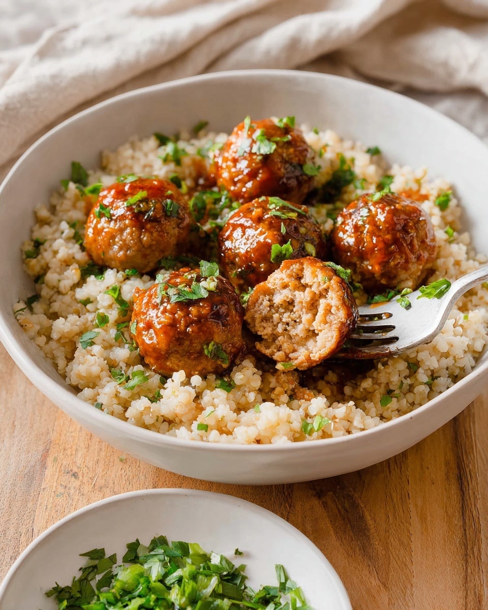 A white bowl filled with a base layer of light beige cooked grains with a soft, slightly fluffy texture, sprinkled with small bits of bright green chopped herbs. On top sit six evenly spaced brown meatballs glazed with a shiny, reddish-brown sauce, each meatball showing a slightly rough texture with visible small pieces of herbs. One meatball is cut in half and held by a silver fork that is angled into the bowl. The bowl is set on a wooden surface with a folded beige cloth in the background, and there is a smaller white plate with chopped green herbs in the foreground. Photo taken with an iphone --ar 4:5 --v 7