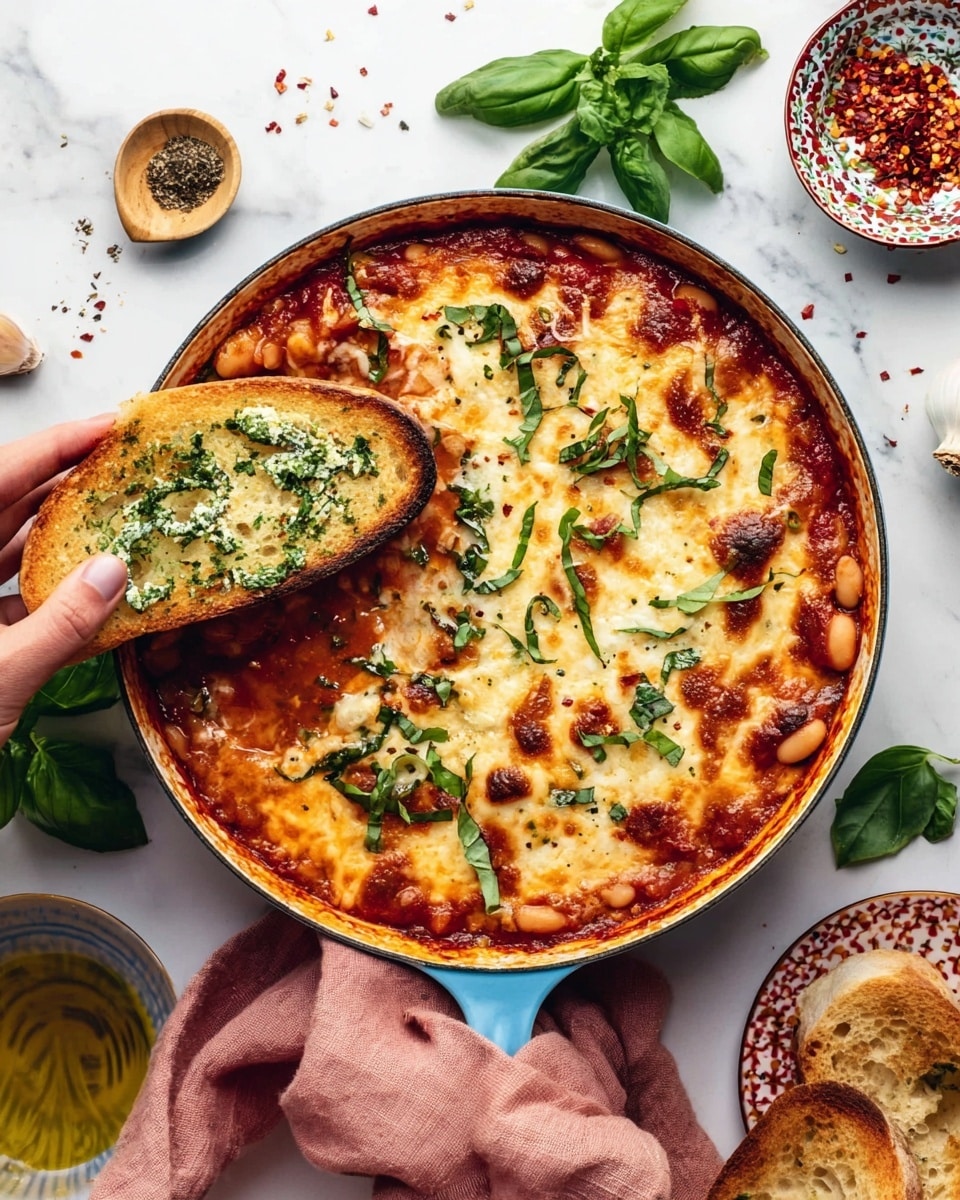A round baking dish with a golden brown, bubbly cheese layer on top, speckled with fresh green basil leaves and chopped herbs. Under the cheese is a visible red tomato sauce layer mixed with white beans. A piece of toasted garlic bread with a green herb spread is placed inside the dish, partially dipped in the cheesy sauce. A woman's hand is holding the blue handle of the dish, which rests on a soft pink cloth on a white marbled surface. Around the dish are fresh basil leaves, garlic cloves, a bowl of olive oil with black pepper, and a small patterned plate with red chili flakes scattered nearby. Photo taken with an iphone --ar 4:5 --v 7