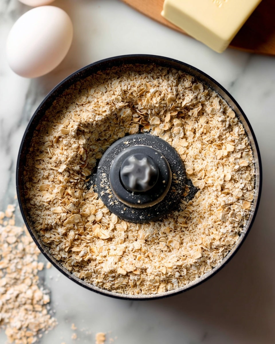The image shows a top view of a food processor bowl filled with ground oats, forming a coarse powder with slightly uneven texture, beige and light brown in color, surrounding the black blades in the center. The food processor is placed on a white marbled surface. In the background, there is a whole white egg and a stick of unsalted butter in its cream yellow packaging, partially visible. Photo taken with an iphone --ar 4:5 --v 7