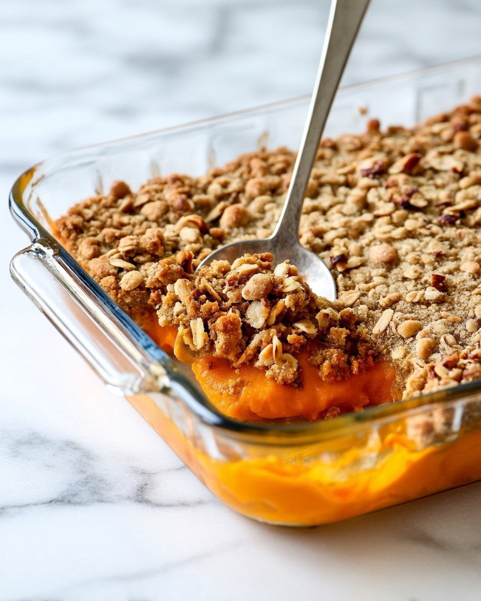 A glass baking dish filled with two visible layers: a thick, bright orange layer at the bottom and a light brown crumbly topping with a mix of small oats and chopped nuts, covering the entire surface. A silver spoon is resting in the dish, partially scooping out a section to show the smooth orange layer and the textured topping. The dish is placed on a white marbled surface, creating a clean, simple background. Photo taken with an iphone --ar 4:5 --v 7