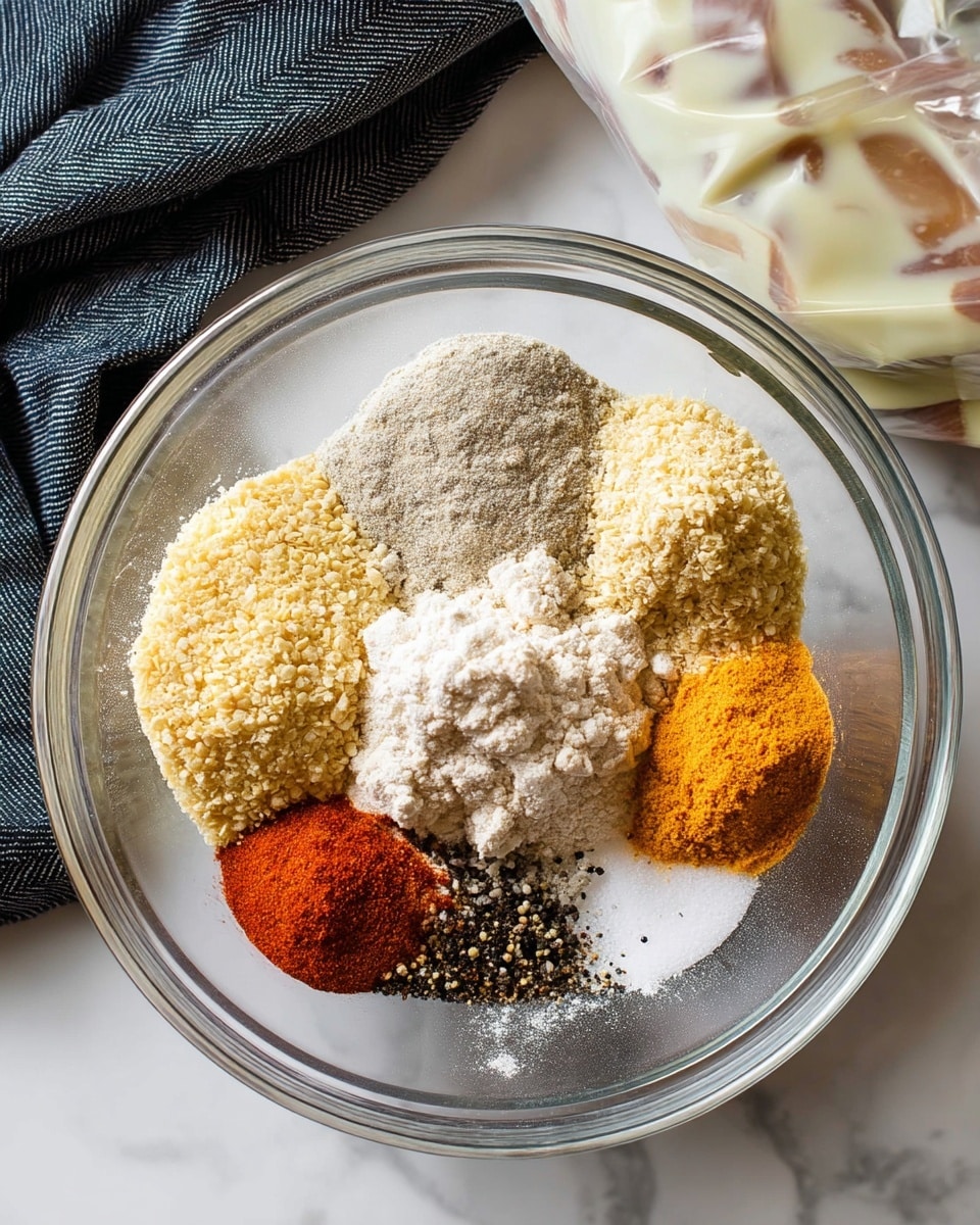 A clear glass bowl sitting on a white marbled textured surface holds seven separate piles of dry ingredients arranged in a circle, each a different color and texture: light beige breadcrumbs, bright white powder, pale yellow granules, off-white flour, bright white salt, coarse black pepper, and orange-red spice. To the upper right, a plastic bag with pieces of pale meat inside is covered in a creamy white liquid. A dark gray cloth is partially visible in the upper left corner. photo taken with an iphone --ar 4:5 --v 7