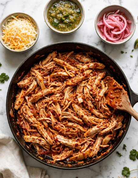 The image shows a large pan filled with shredded cooked chicken mixed with a reddish sauce, giving the chicken a slightly wet and spiced texture. The chicken pieces are fibrous and unevenly spread inside the pan. A wooden spatula rests on the right side of the pan with some of the sauce on it. Surrounding the pan, on a white marbled surface, are small bowls with shredded cheese, green chili salsa, and other condiments. The setting looks clean and organized. photo taken with an iphone --ar 4:5 --v 7