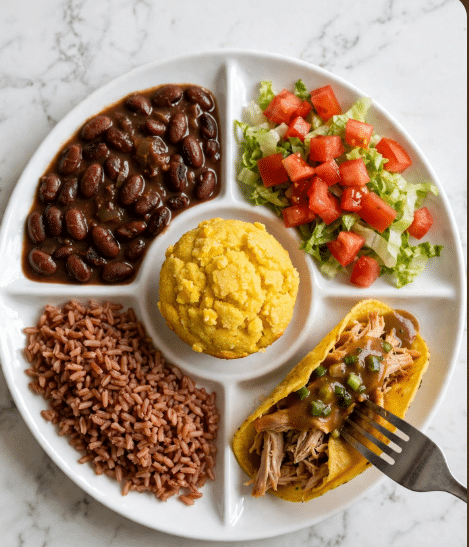 On a white plate with a white marbled background, there is a meal arranged in six sections: cooked dark brown beans with a saucy texture at the top left, fresh diced red tomatoes mixed with light green shredded lettuce to the top right, a tightly packed, round yellow cornmeal muffin in the center, a serving of reddish-brown cooked rice to the bottom left, shredded light brown chicken wrapped in a golden yellow taco shell at the bottom right, with a fork cutting into the taco showing the chicken inside, and the taco is topped with a brown sauce that has small green pieces on it. Photo taken with an iphone --ar 4:5 --v 7