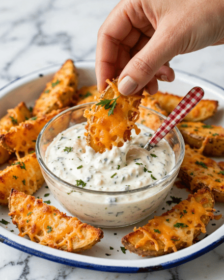 A close-up shot shows a woman's hand holding a crispy, golden-brown potato wedge topped with melted, lacy orange cheese and a small piece of green herb. The wedge is being dipped halfway into a clear glass bowl filled with thick, white creamy sauce sprinkled with small green herb pieces. The bowl has a small red and white checkered spoon inside. Around the bowl on a white tray with a blue rim, there are many more potato wedges, all coated with melted cheese and scattered green herbs. The whole scene is set on a white marbled surface. photo taken with an iphone --ar 4:5 --v 7