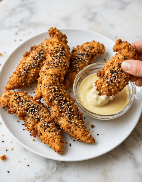 A white plate on a white marbled surface holds several light brown, breaded pieces with a crumbly texture mixed with black and white sesame seeds. One piece is held by a woman's hand, partially dipped in a small, clear glass bowl filled with creamy, pale yellow sauce. The breaded pieces are irregularly shaped and cover the plate closely, showing their crunchy texture. Photo taken with an iphone --ar 4:5 --v 7