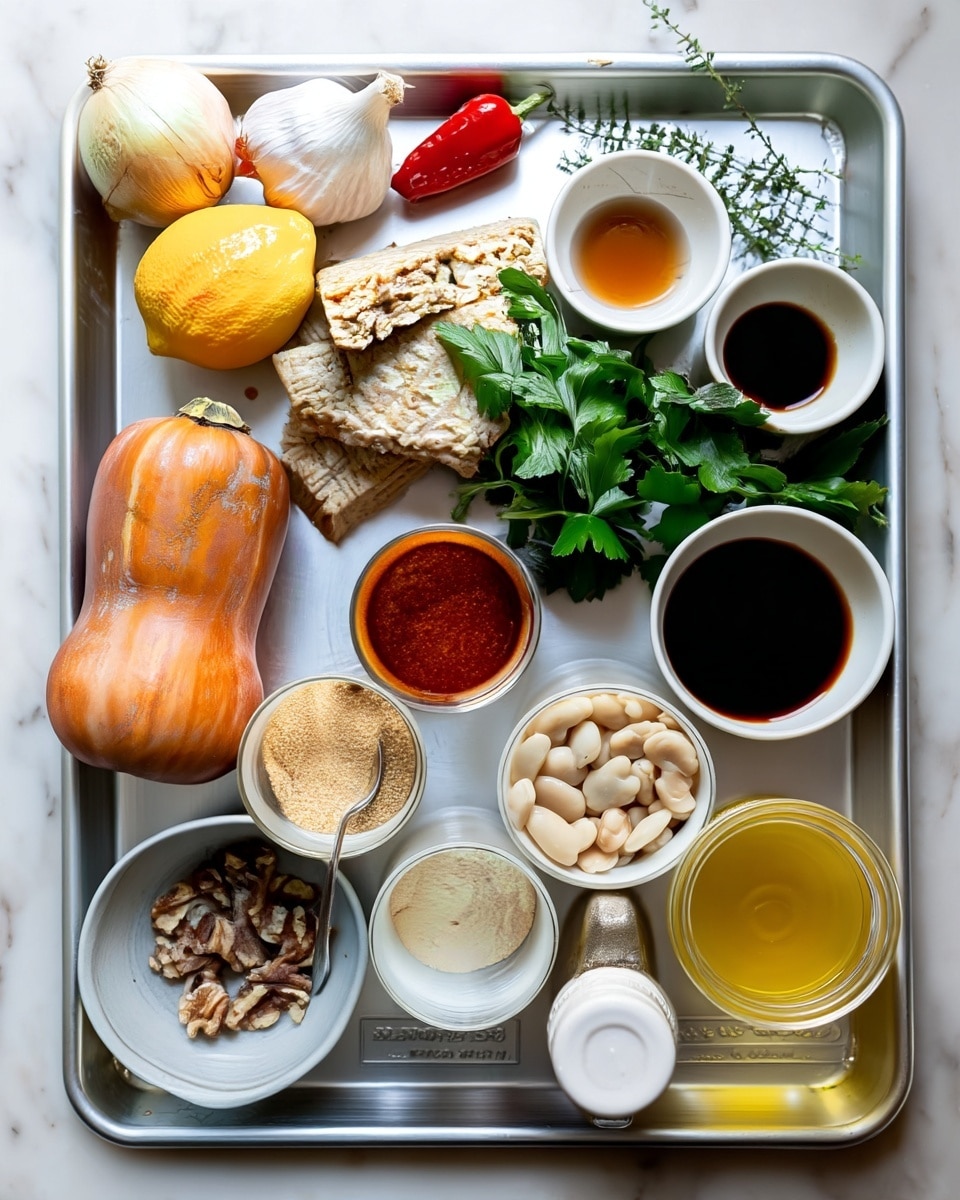 The image shows a silver tray on a white marbled surface holding various cooking ingredients neatly arranged. There is a whole orange squash on the left side, above which are a whole yellow onion, a white garlic bulb, a red chili pepper, and two pieces of light brown textured tempeh. Near the center, a bunch of fresh green parsley lies next to two small white bowls, one filled with light brown liquid and the other with dark soy sauce. A clear measuring cup filled with large white beans sits on the right. Below, a small white bowl contains whole walnuts, next to it is another smaller bowl with beige powder and a spoon sticking out. A small white container with a lid and a glass jar filled with a cloudy yellow liquid complete the setup. The scene is well lit and crisp, photo taken with an iphone --ar 4:5 --v 7