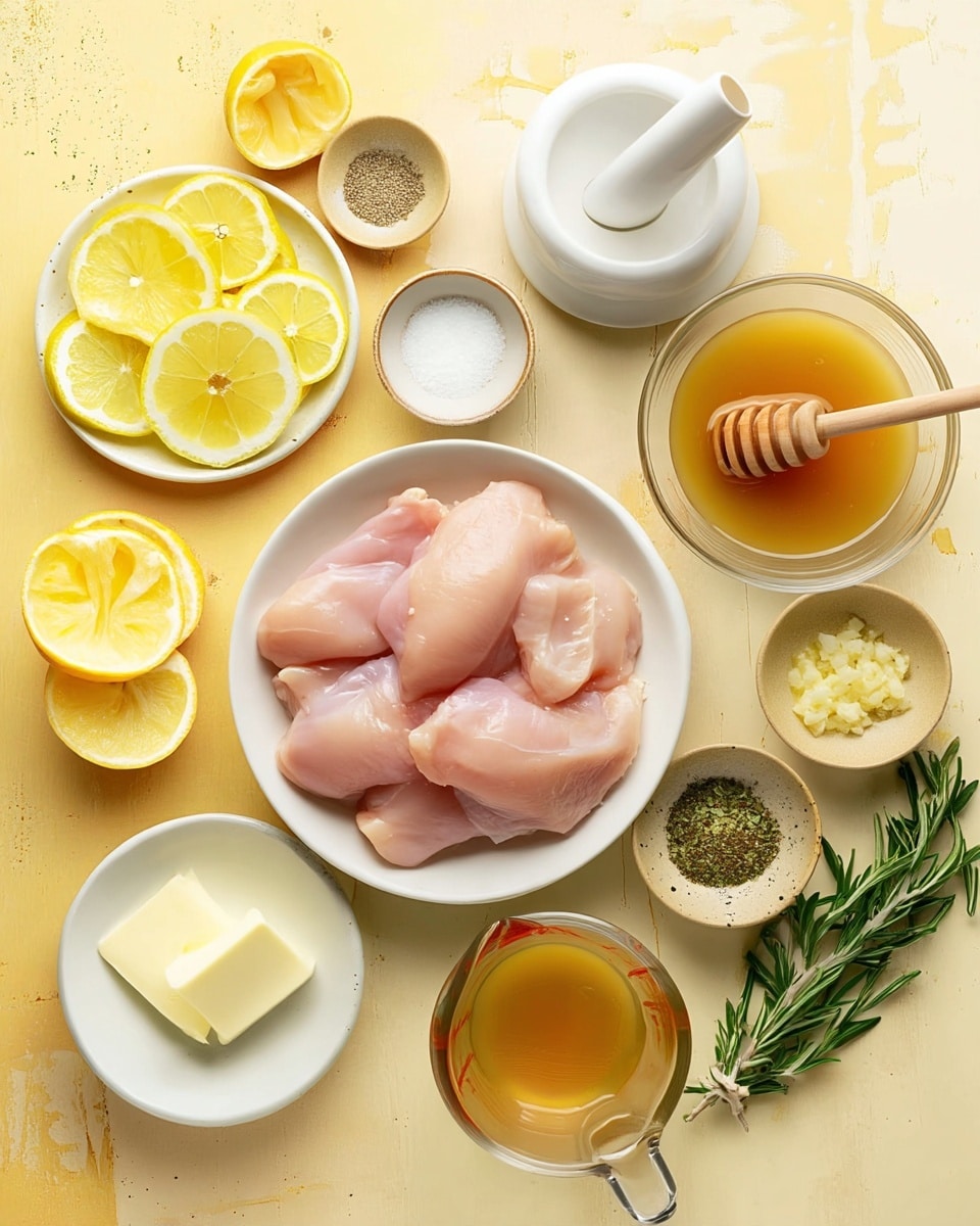 The image shows raw chicken pieces placed on a white round plate positioned at the center, displaying a smooth and slightly shiny pale pink texture. To the left, there is a white plate neatly arranged with thin lemon slices forming concentric circles, and above it, two lemon halves with a bright yellow color and juicy texture. At the top middle, a white ceramic lemon squeezer rests on the white marbled surface. On the right side near the top, a small white bowl filled with honey and a wooden honey dipper rests inside it. Below the honey, a clear glass cup holds golden-yellow chicken broth. Below the chicken bowl, a small white bowl contains two slices of light yellow butter. To the left of the butter, a small white bowl has minced garlic with a slightly golden color. Above the garlic bowl, another small white bowl holds a dried Italian seasoning mix with greenish-brown tones. Above that, a small white bowl filled with white salt sits to the left of the chicken. Next to the salt bowl, a small white bowl contains ground black pepper with a fine texture. Sprigs of fresh green herbs lie on the white marbled surface near the bottom right side. The entire setup is on a pale yellow base with the items arranged clearly and neatly photo taken with an iphone --ar 4:5 --v 7