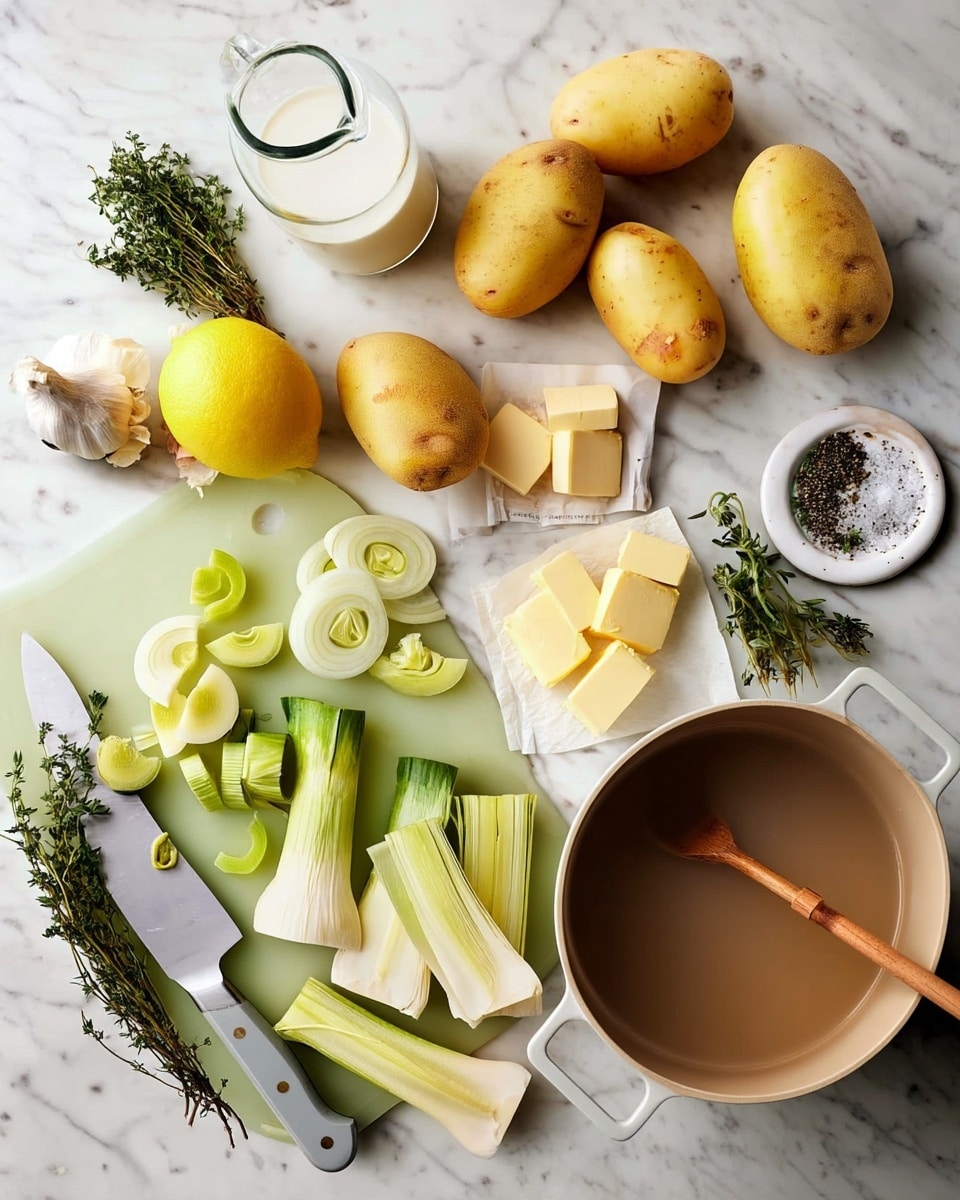 The image shows a top-down view of cooking ingredients and tools arranged on a white marbled surface. There are four whole yellow potatoes near the top center, with three small square pieces of pale yellow butter on a small white paper below them. To the left, there is a partially sliced yellow lemon and rings of pale green leek pieces above and below it. Near the bottom left, a knife with a grey handle lays on the surface next to more chopped leek parts. To the right of the lemon and leek, a clear measuring cup filled with light brown broth is seen, and next to it is a white pot with a wooden spoon resting inside. In the top left corner, a glass jar with cream or milk and some garlic cloves are placed. Fresh green thyme and a small white plate with cracked black pepper sit near the top right side of the frame. photo taken with an iphone --ar 4:5 --v 7