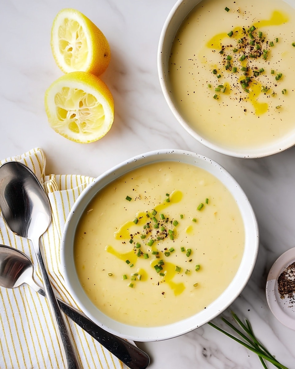 The image shows two white bowls filled with thick pale yellow soup. Each bowl has a few small drops of olive oil on top and is sprinkled with small green chive pieces and black pepper. One bowl is in the foreground, centered, and the other is partially visible at the top left. Near the bowls, there is a halved lemon with a bright yellow rind and pale inside. To the right, there is a small white dish with crushed black pepper. A silver spoon with a reflective surface is placed near the bottom left on top of a white and yellow striped cloth. Everything is set on a smooth white marbled surface. Photo taken with an iphone --ar 4:5 --v 7