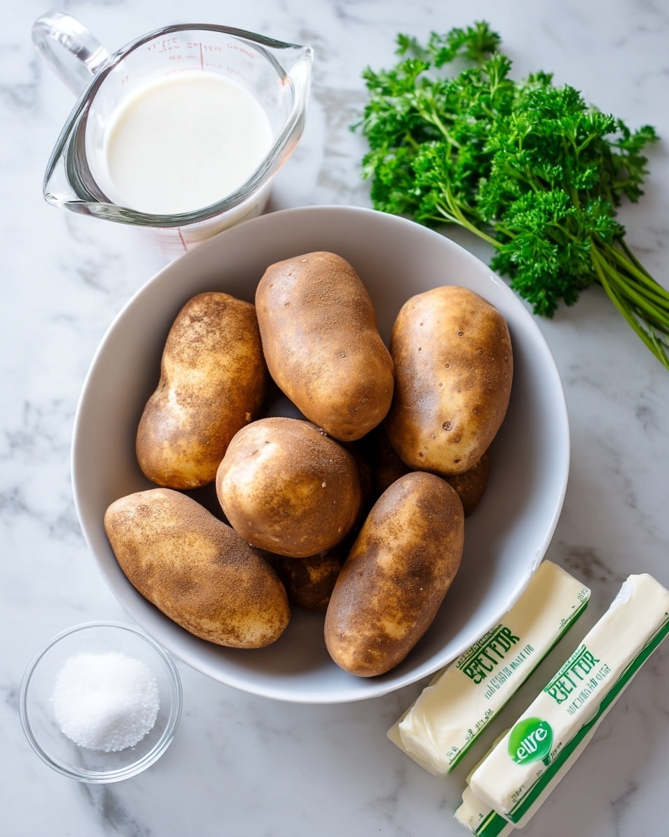A white bowl filled with about ten whole brown potatoes with rough skin sits on a white marbled surface. To the right of the bowl, there are two sticks of butter wrapped in white paper with green writing, a clear glass measuring cup half full of milk, a small clear bowl of white salt, and a small bunch of fresh green parsley. The setting is bright and simple. photo taken with an iphone --ar 4:5 --v 7