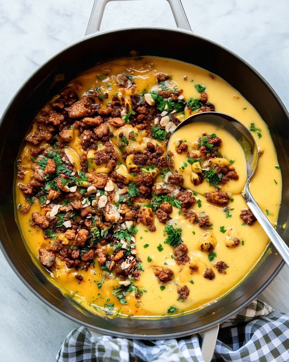 The image shows a black pan filled with a creamy yellow cheese sauce base that covers the bottom and edges. On top, there are many small browned crumbles of cooked meat spread across the surface. Bright green chopped herbs are sprinkled evenly over the top, adding a fresh color contrast. Small pieces of light-colored nuts are scattered among the meat and herbs for texture. Near the right side, a shiny silver ladle is partially submerged, scooping some of the dish, showing the thick sauce holding together with the toppings. The pan sits on a white marbled surface with a black and white checkered cloth near the bottom. Photo taken with an iphone --ar 4:5 --v 7