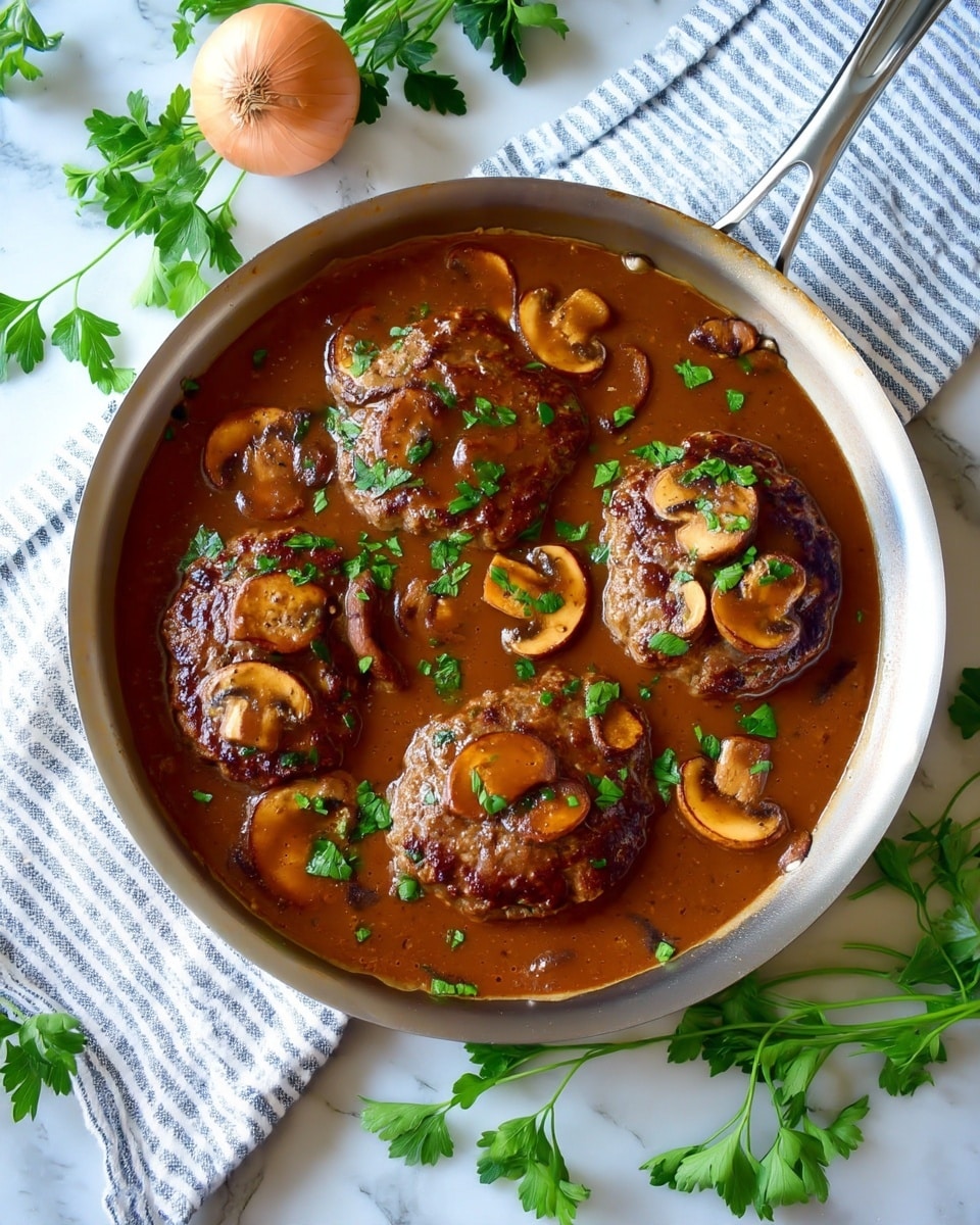 A round silver pan contains four thick, browned meat patties submerged in a rich brown sauce with several slices of cooked mushrooms on top and around the patties. The sauce is smooth and glossy, with a few small green chopped herbs sprinkled over the patties and mushrooms for contrast. The pan rests on a white cloth with blue stripes, scattered fresh green parsley leaves are visible around the pan, and a few light brown onion skins are on a white marbled surface in the background. photo taken with an iphone --ar 4:5 --v 7
