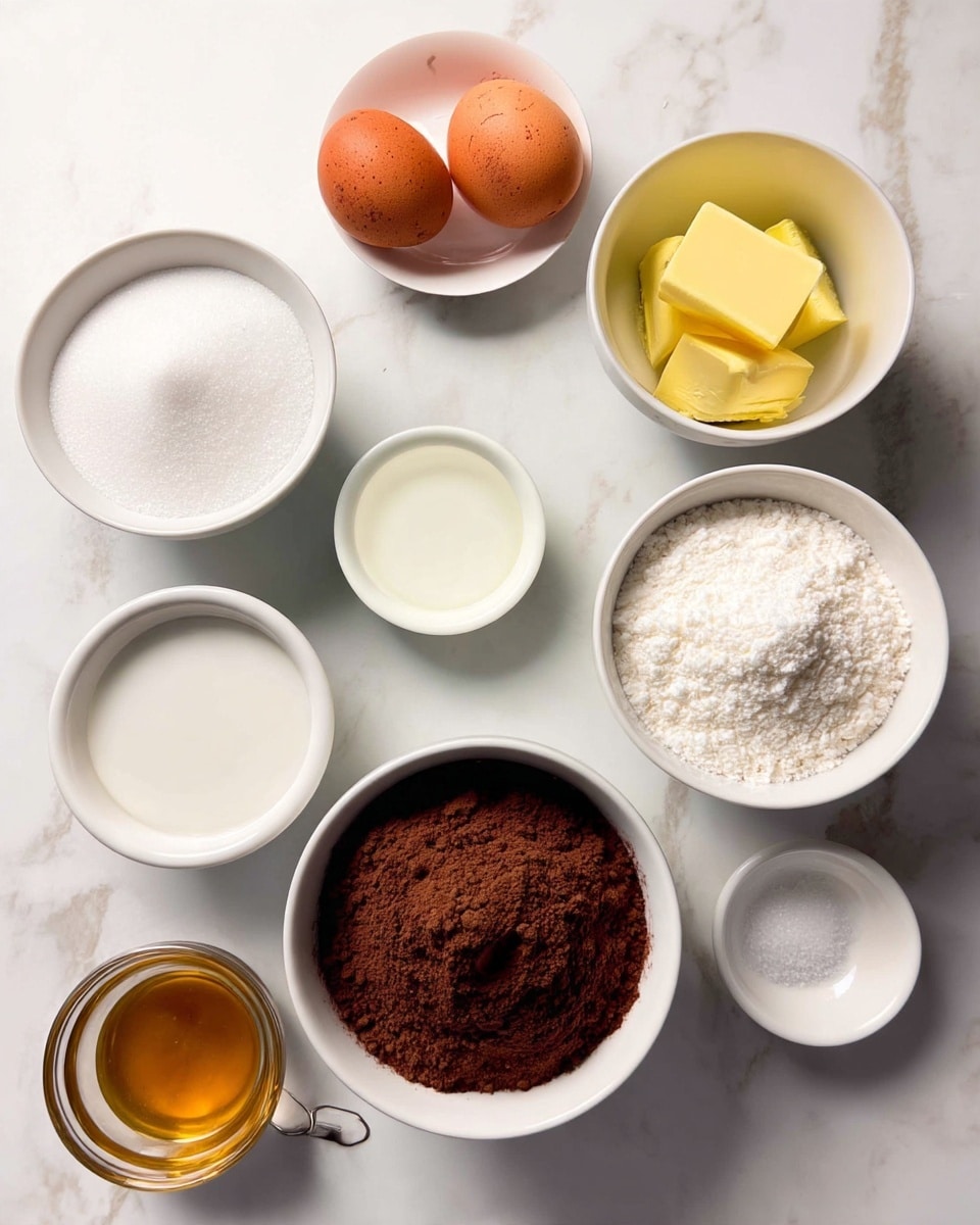 The image shows eight small white bowls arranged on a white marbled surface. In the top center, a bowl holds two brown eggs. To its right, a bowl contains three pieces of light yellow butter. Below, there is a bowl with white granulated sugar to the bottom left and a smaller bowl with white liquid in the center. To the right of the sugar bowl, a metal measuring cup is filled with dark brown cocoa powder, and next to it, another metal measuring cup holds white flour. On the far left, there is a small bowl with golden liquid, and on the far right, a small white bowl holds fine white salt. photo taken with an iphone --ar 4:5 --v 7
