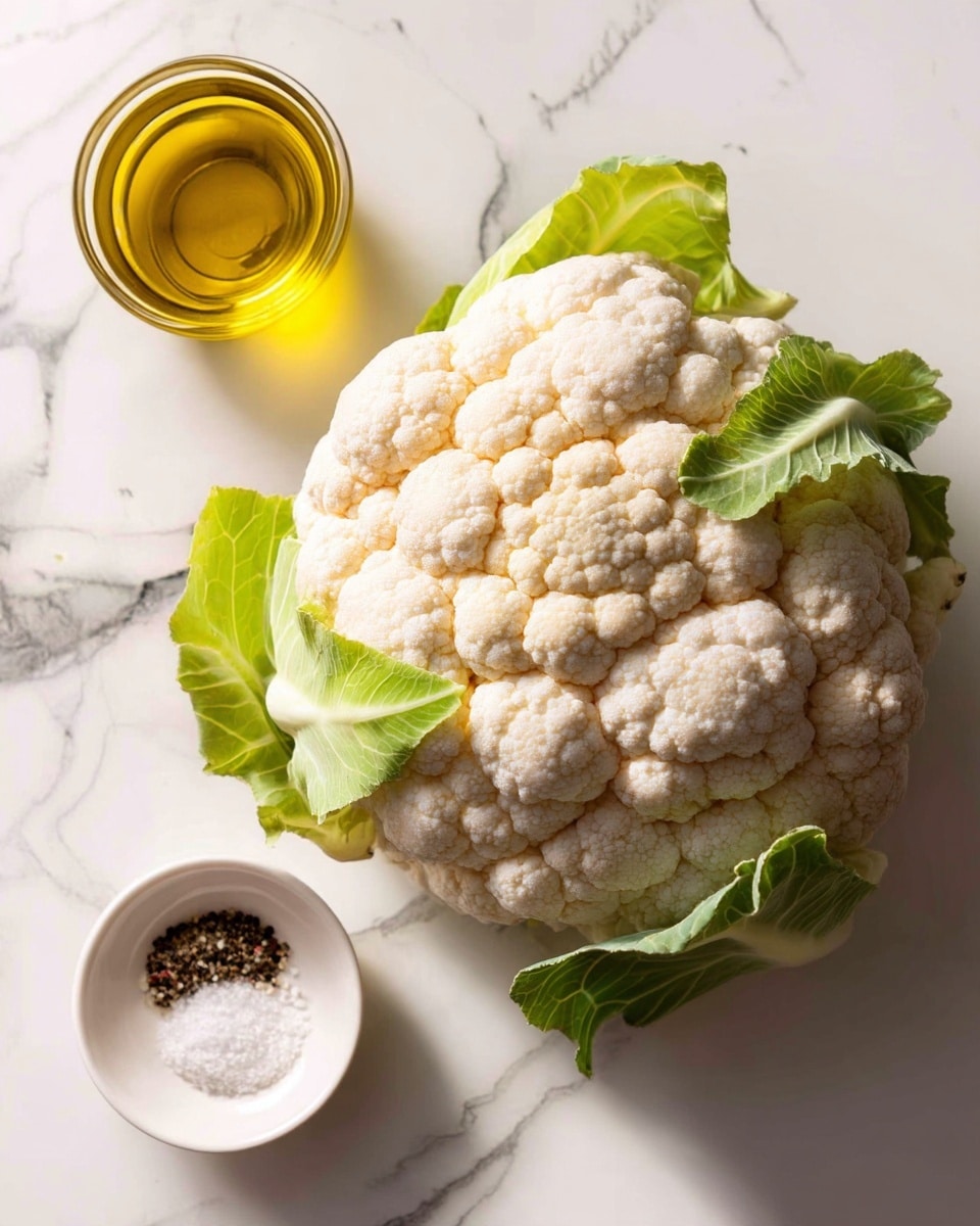 A whole head of cauliflower with off-white bumpy florets and a few light green leaves sits on the right side of a white marbled surface. To the left of the cauliflower, there is a small clear glass container filled with golden-yellow olive oil positioned near the top, and below it, a small white bowl holds salt and black pepper. All items are placed on the white marbled background with soft natural light casting gentle shadows. Photo taken with an iphone --ar 4:5 --v 7
