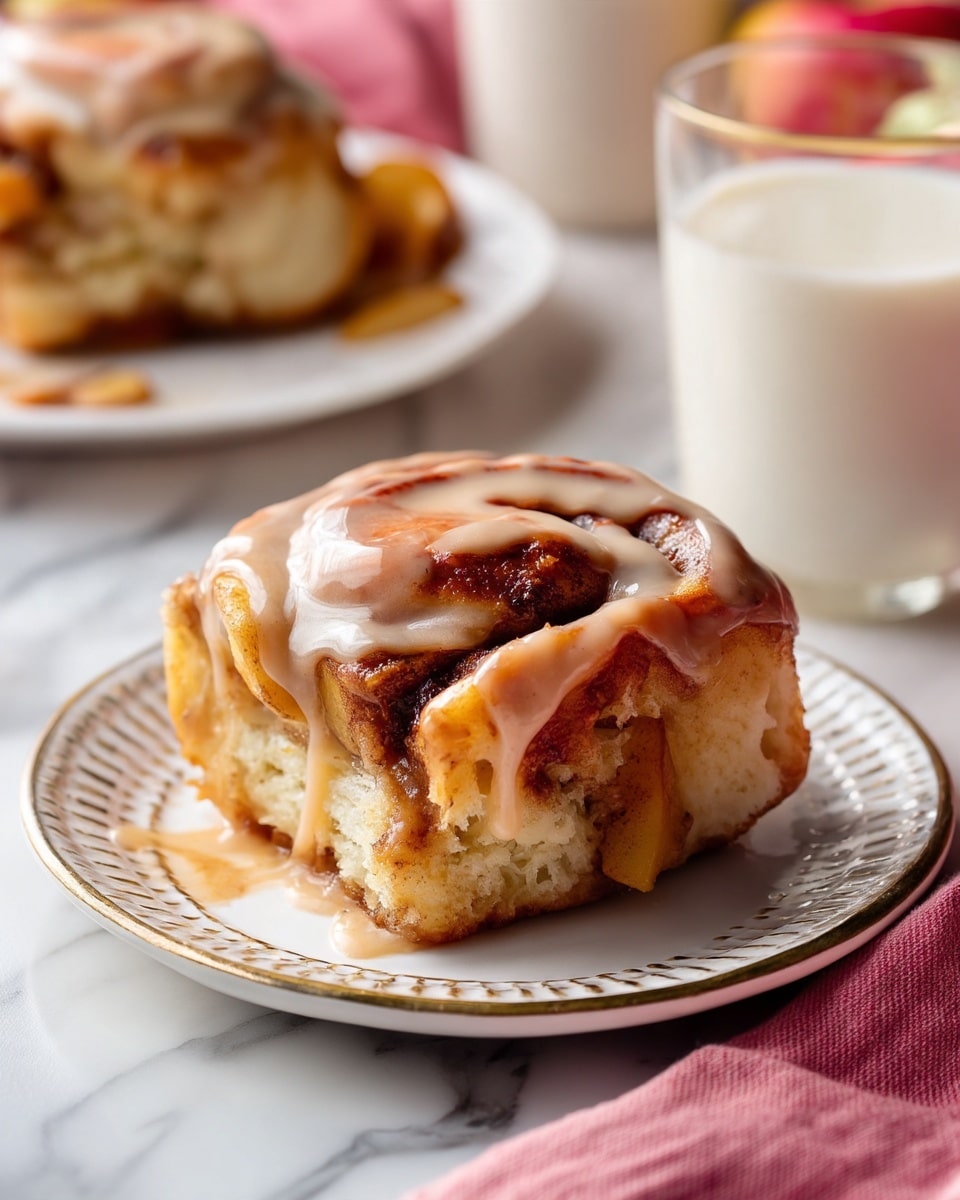 The image shows a sticky cinnamon roll on a small white ceramic plate with a decorative rim. The cinnamon roll has three visible layers: a fluffy, light golden base, a thick middle layer full of cinnamon swirls, and a thick top layer covered in creamy, shiny light brown icing that drips down the sides. There are some soft cooked apple slices peeking out between the layers. The background features a white marbled surface with a blurred glass of milk and another cinnamon roll on a white plate, with a pink cloth to the right. Photo taken with an iphone --ar 4:5 --v 7