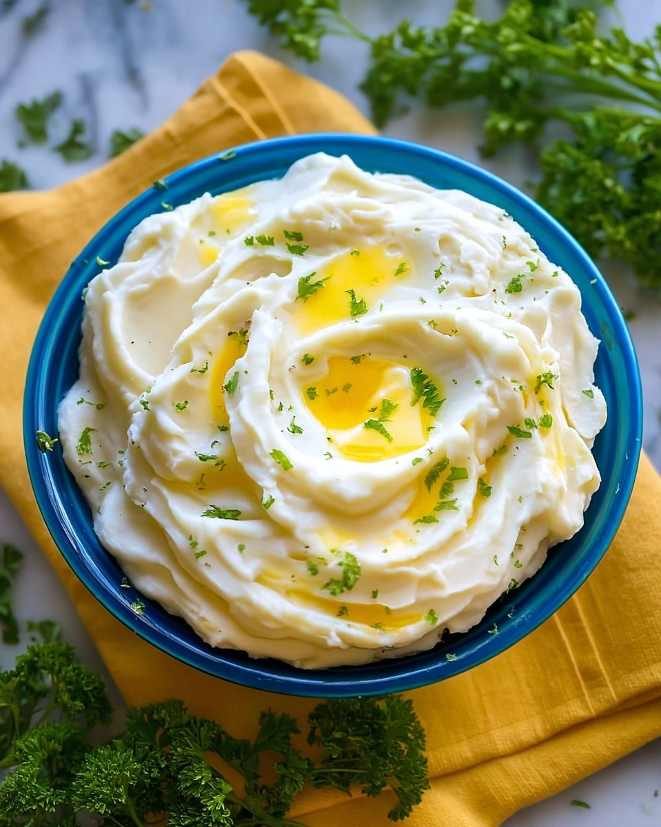 A close-up of a blue bowl filled with creamy mashed potatoes shaped in a swirled pattern, with small pools of melted yellow butter sitting in the swirls and scattered green parsley bits on top, all placed on a yellow cloth with some blurred green parsley in the background, the setting is on a white marbled surface photo taken with an iphone --ar 4:5 --v 7