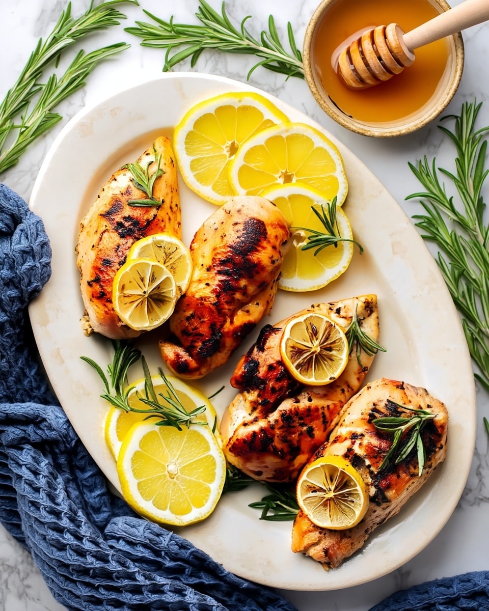 A white oval plate holds four grilled chicken pieces with a golden-brown color and light char marks, each topped with one or two grilled lemon slices showing a slightly browned texture. The chicken pieces are arranged in a close pattern with fresh green rosemary sprigs tucked under and on top of the chicken. Around the chicken on the plate are several bright yellow lemon slices with a fresh, moist look. The background is a white marbled surface with a small bowl of honey with a wooden dipper and more fresh rosemary sprigs near the top right. A dark blue textured cloth is draped along the bottom left. Photo taken with an iphone --ar 4:5 --v 7