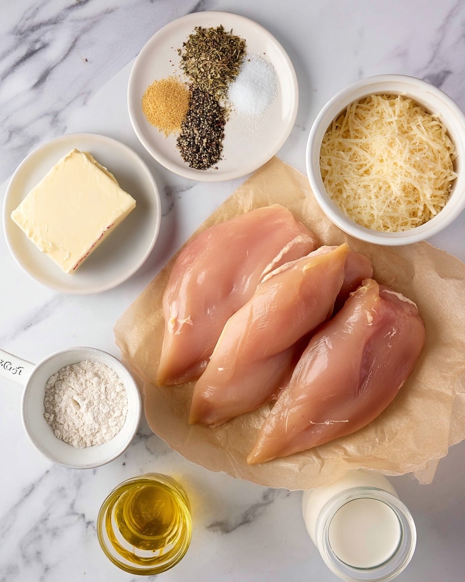 The image shows three pieces of raw light pink poultry meat placed on a piece of brown parchment paper in the center, surrounded by several small white dishes and containers on a white marbled surface. At the top left is a white round plate with four small piles of different seasonings: light tan powder, white salt, black pepper mixed with herbs, and dried green herbs. Below this is a square piece of pale yellow butter. To the right of the meat is a white bowl filled with light yellow shredded cheese and below it a small white dish with white flour. Near the bottom left, there is a small clear glass bowl with light yellow minced garlic, a small clear bowl with golden oil, and a white cup with a light brown liquid. The bottom right shows the top of a glass jar filled with a white liquid. Photo taken with an iphone --ar 4:5 --v 7