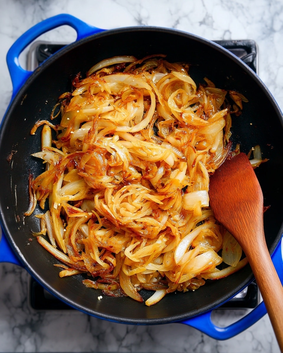 The image shows thinly sliced onions being cooked and stirred in a black frying pan with blue handles. The onions have turned golden brown and slightly caramelized, showing soft, translucent layers mixed with some darker browned edges, giving a rich orange-brown color. A wooden spatula is seen stirring the onions, creating gentle motion and mixing the different shades and textures. The pan sits on a stove with part of the gas burner visible below the pan, and the background is a white marbled texture. photo taken with an iphone --ar 4:5 --v 7